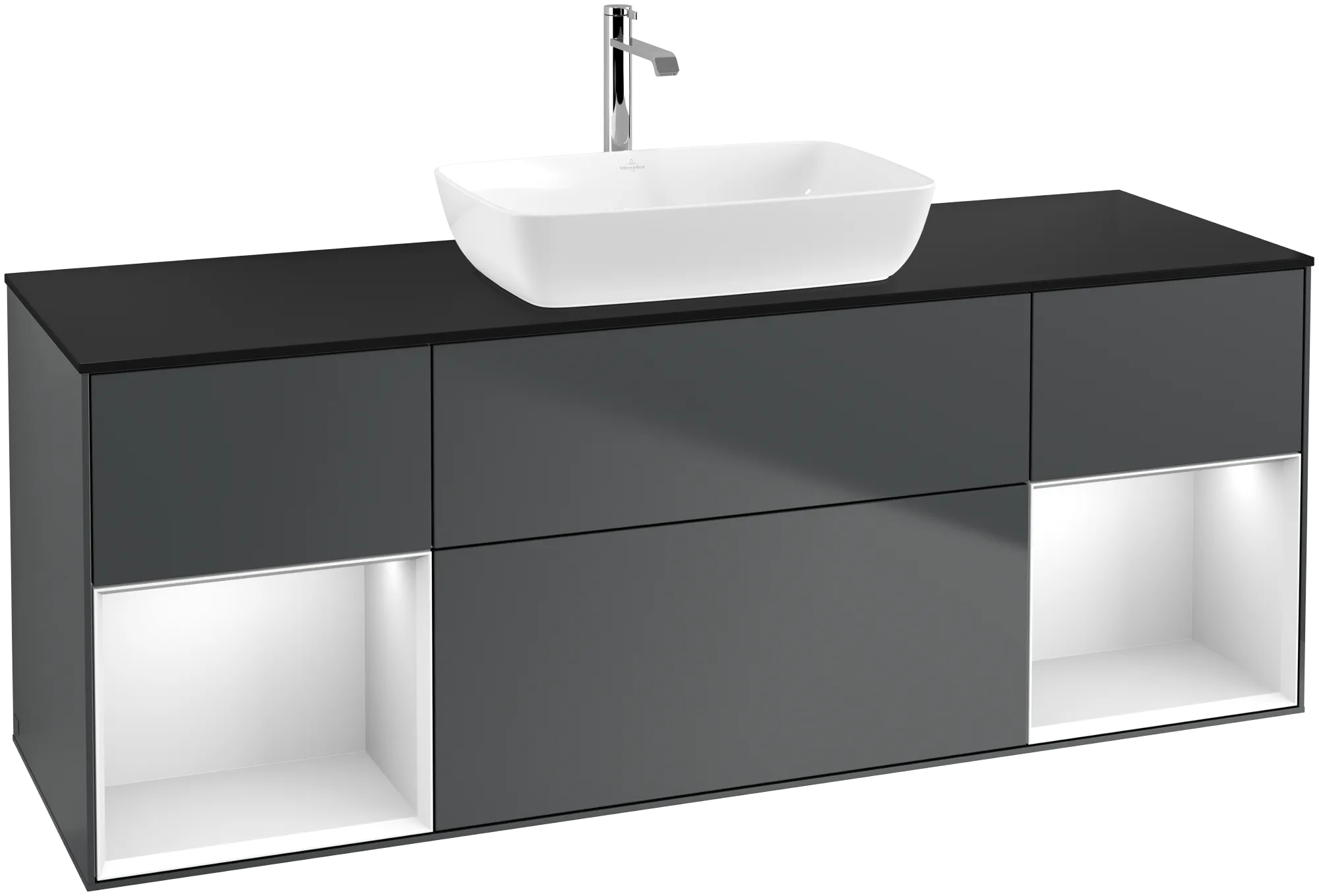 Bild von VILLEROY BOCH Finion Waschbeckenunterschrank, mit Beleuchtung, 4 Auszüge, 1600 x 603 x 501 mm, Midnight Blue Matt Lacquer / White Matt Lacquer / Glass Black Matt #G862MTHG