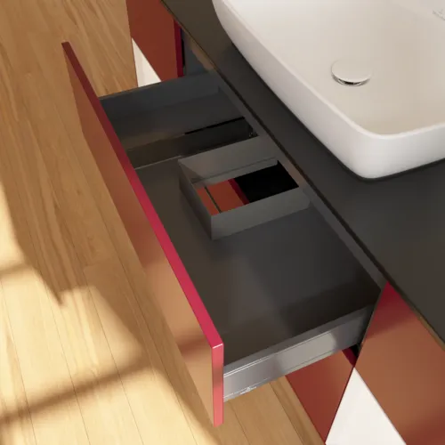 Obrázek VILLEROY BOCH Finion Vanity unit, with lighting, 4 pull-out compartments, 1600 x 603 x 501 mm, Peony Matt Lacquer / White Matt Lacquer / Glass Black Matt #G862MTHB