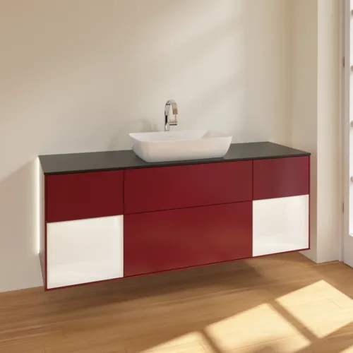 Obrázek VILLEROY BOCH Finion Vanity unit, with lighting, 4 pull-out compartments, 1600 x 603 x 501 mm, Peony Matt Lacquer / White Matt Lacquer / Glass Black Matt #G862MTHB