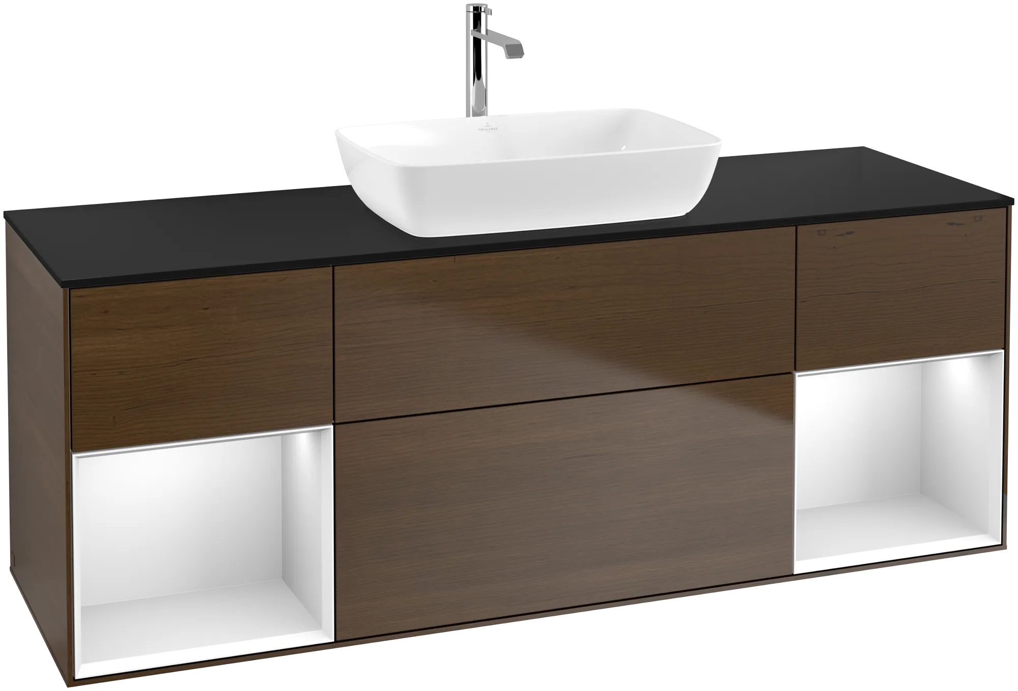 Bild von VILLEROY BOCH Finion Waschbeckenunterschrank, mit Beleuchtung, 4 Auszüge, 1600 x 603 x 501 mm, Walnut Veneer / White Matt Lacquer / Glass Black Matt #G862MTGN