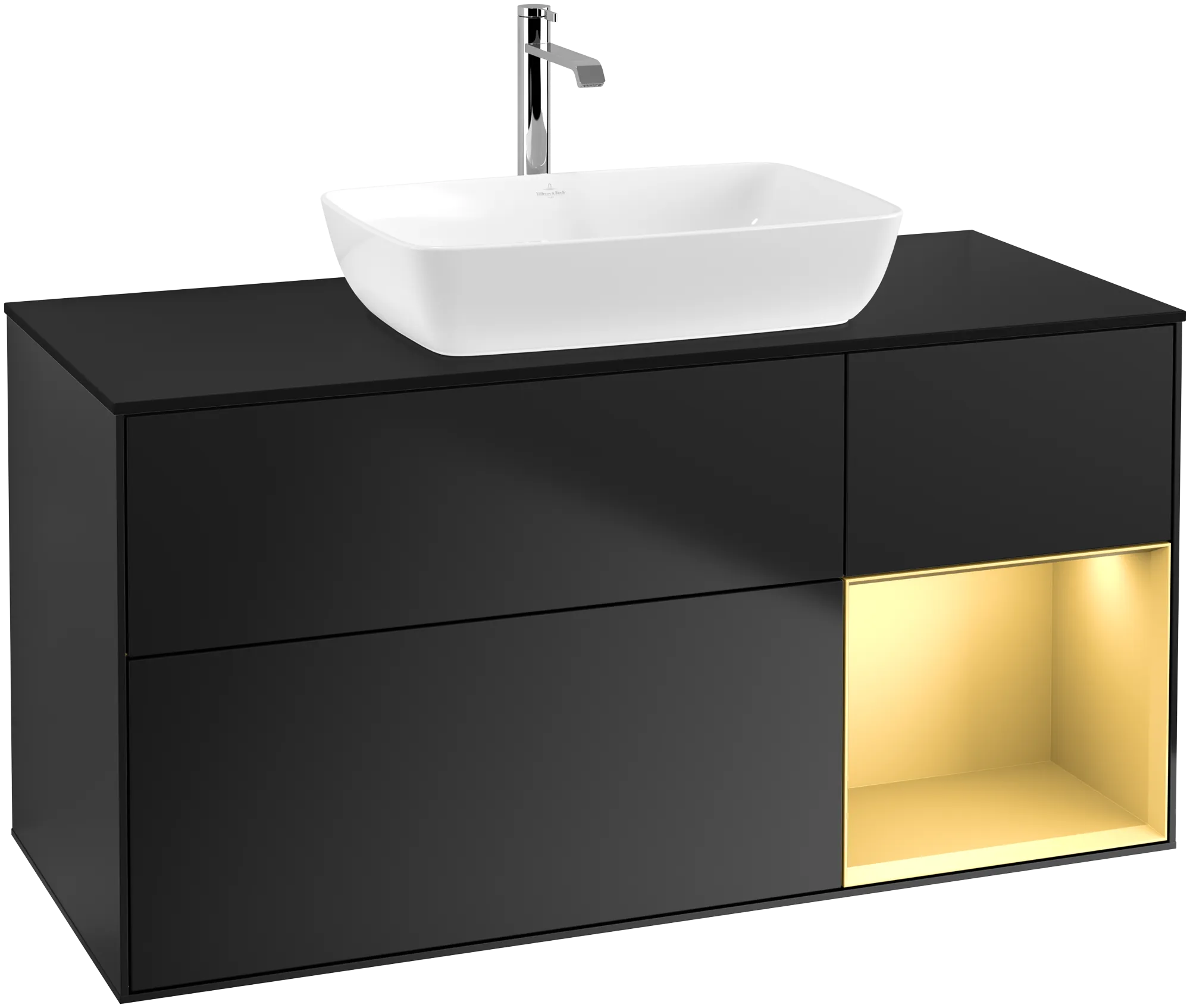 Bild von VILLEROY BOCH Finion Waschbeckenunterschrank, mit Beleuchtung, 3 Auszüge, 1200 x 603 x 501 mm, Black Matt Lacquer / Gold Matt Lacquer / Glass Black Matt #G832HFPD