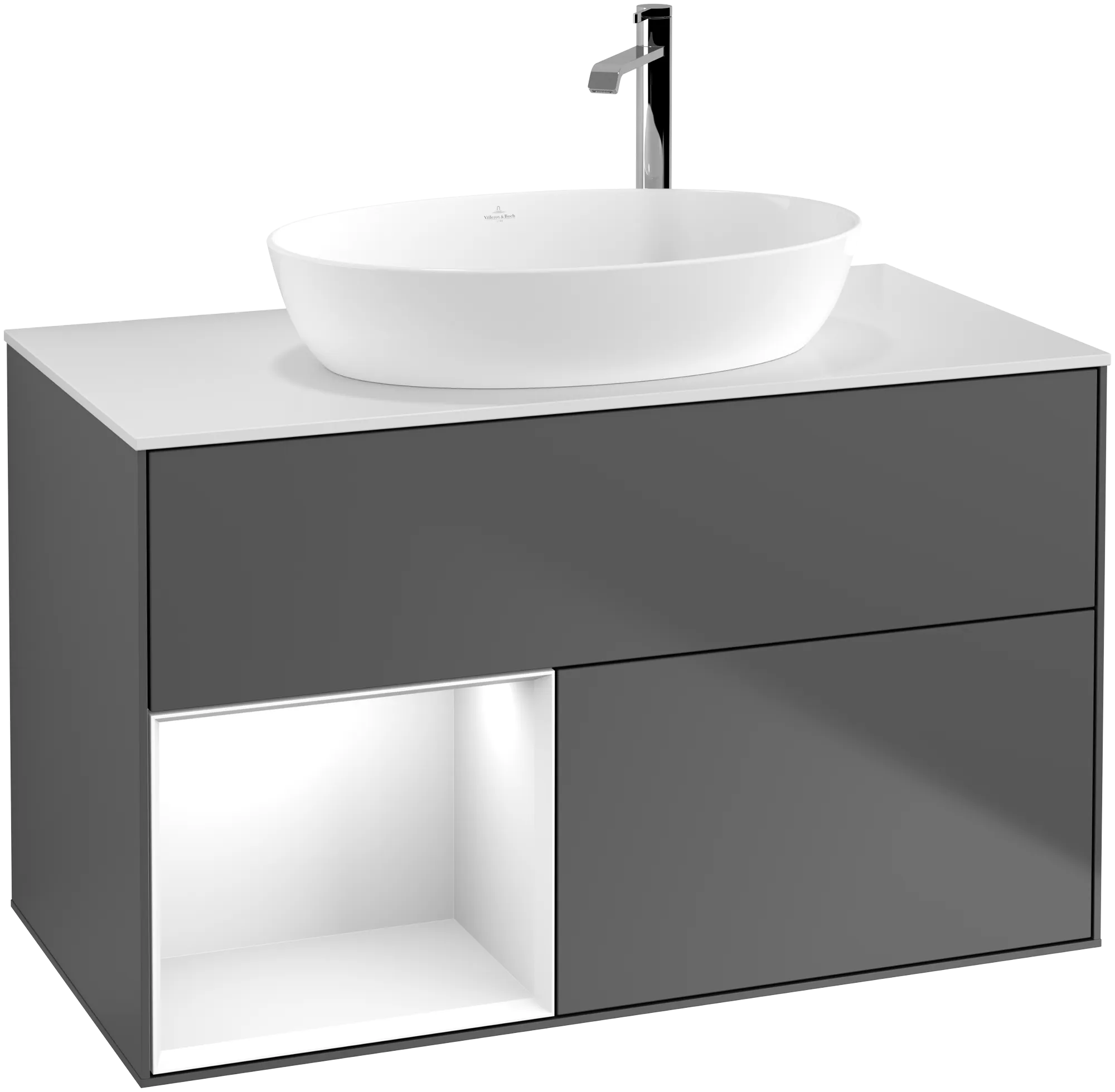 Bild von VILLEROY BOCH Finion Waschbeckenunterschrank, mit Beleuchtung, 2 Auszüge, 1000 x 603 x 501 mm, Anthracite Matt Lacquer / Glossy White Lacquer / Glass White Matt #G891GFGK