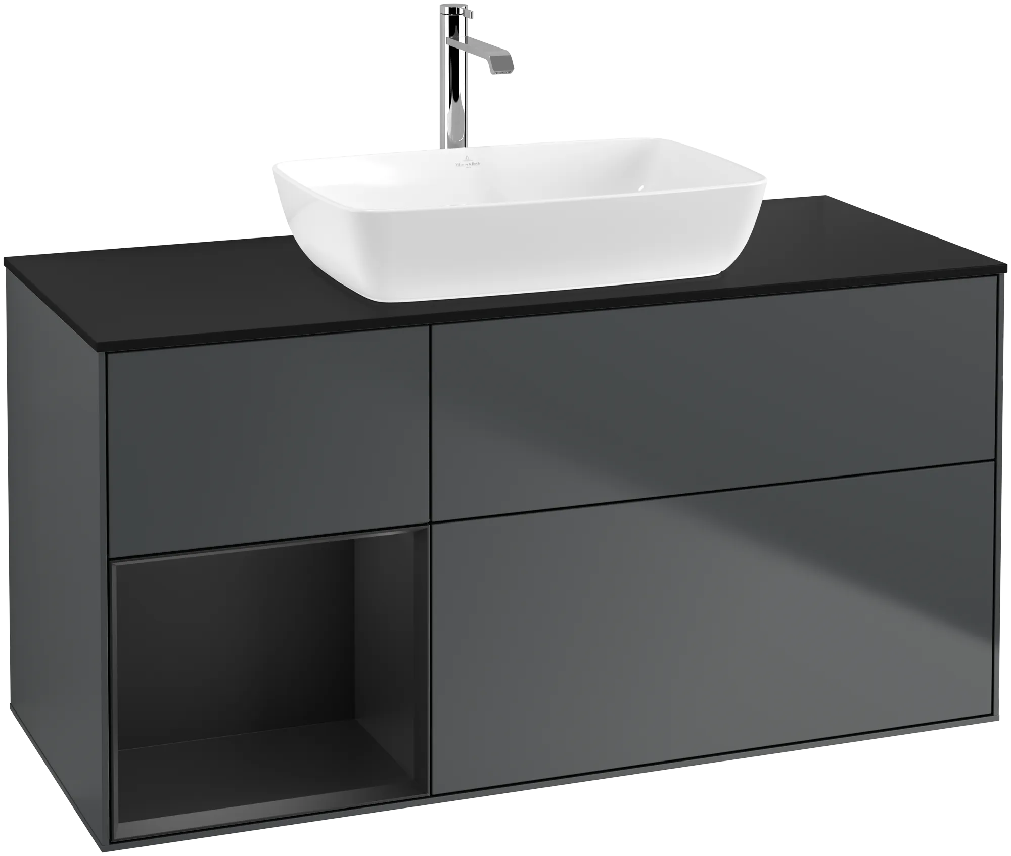 Bild von VILLEROY BOCH Finion Waschbeckenunterschrank, mit Beleuchtung, 3 Auszüge, 1200 x 603 x 501 mm, Midnight Blue Matt Lacquer / Black Matt Lacquer / Glass Black Matt #G822PDHG