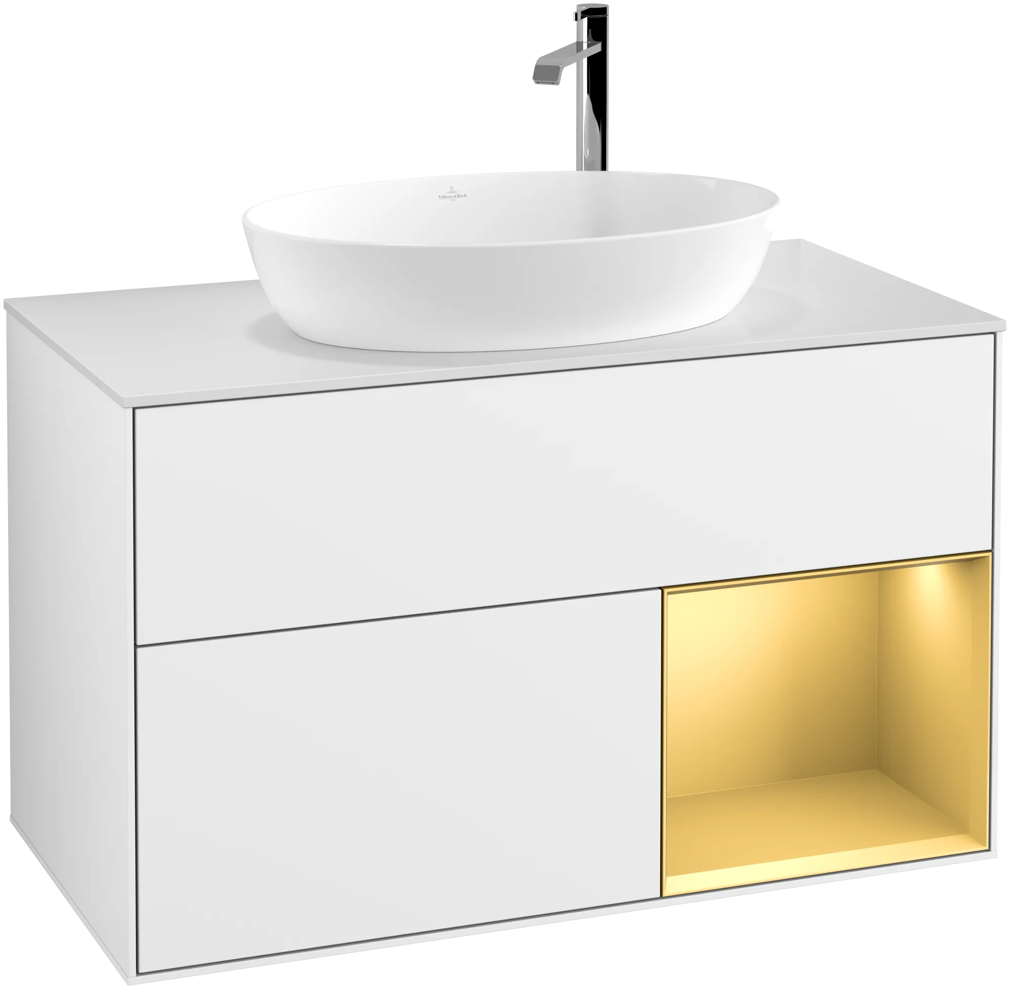 Bild von VILLEROY BOCH Finion Waschbeckenunterschrank, mit Beleuchtung, 2 Auszüge, 1000 x 603 x 501 mm, Glossy White Lacquer / Gold Matt Lacquer / Glass White Matt #G901HFGF