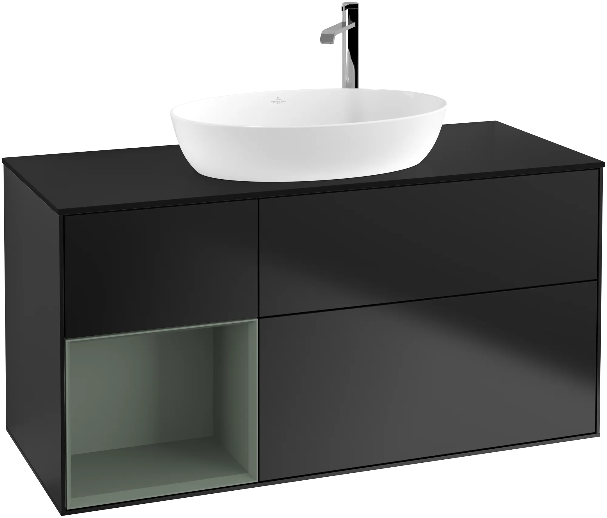Bild von VILLEROY BOCH Finion Waschbeckenunterschrank, mit Beleuchtung, 3 Auszüge, 1200 x 603 x 501 mm, Black Matt Lacquer / Olive Matt Lacquer / Glass Black Matt #G942GMPD