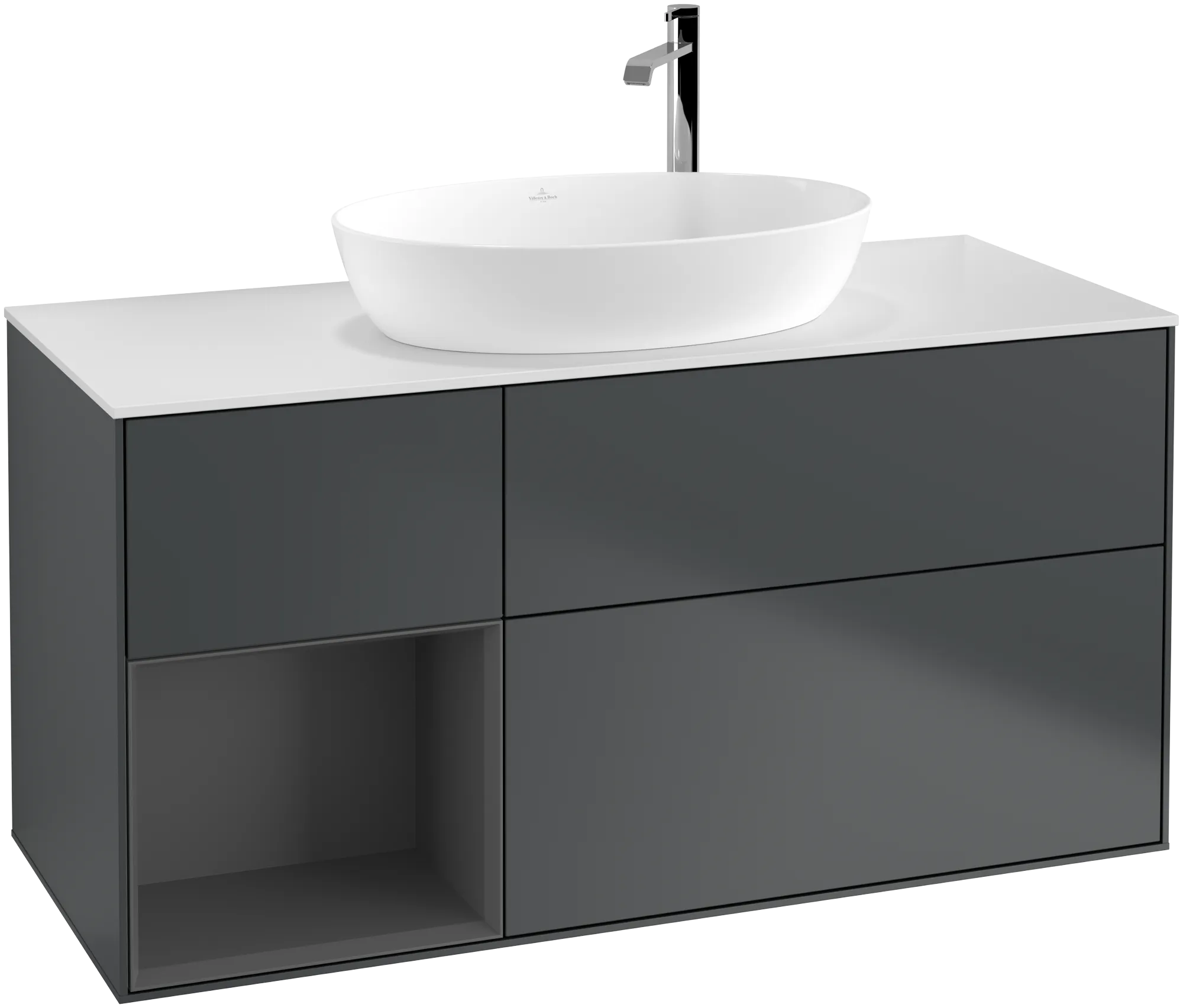 Bild von VILLEROY BOCH Finion Waschbeckenunterschrank, mit Beleuchtung, 3 Auszüge, 1200 x 603 x 501 mm, Midnight Blue Matt Lacquer / Anthracite Matt Lacquer / Glass White Matt #G941GKHG