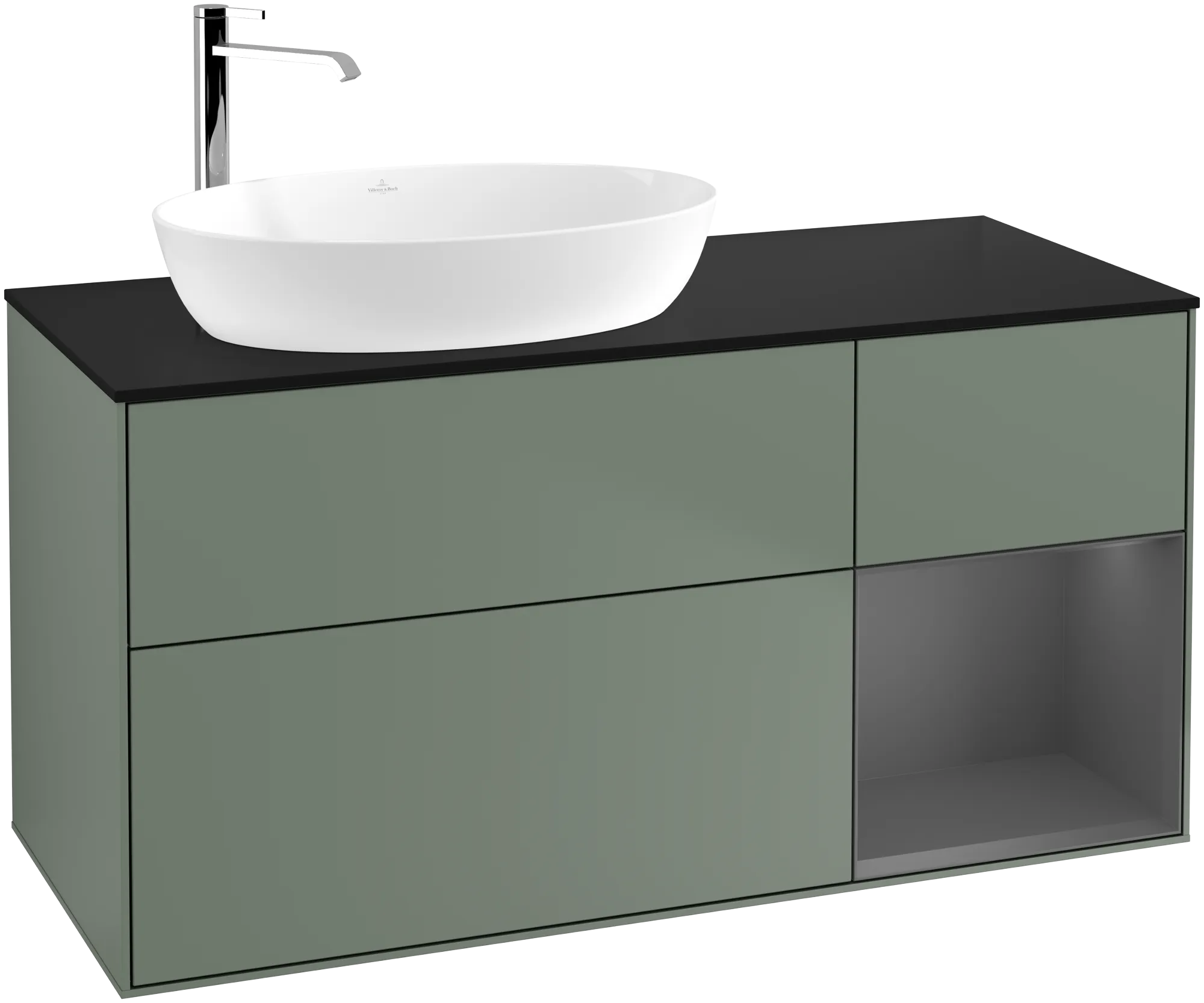 Bild von VILLEROY BOCH Finion Waschbeckenunterschrank, mit Beleuchtung, 3 Auszüge, 1200 x 603 x 501 mm, Olive Matt Lacquer / Anthracite Matt Lacquer / Glass Black Matt #G932GKGM