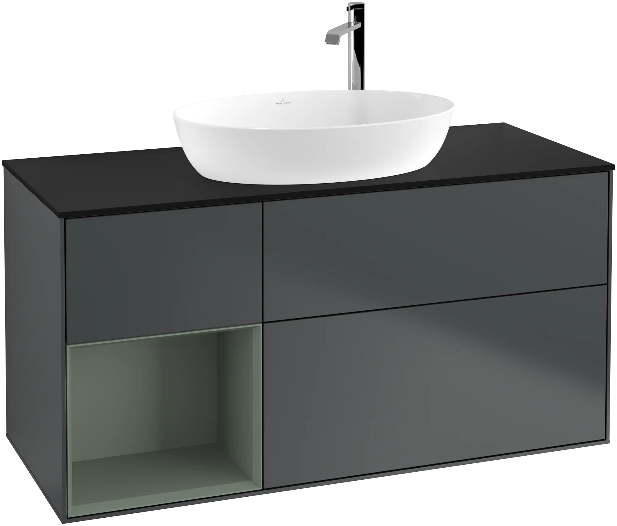 Bild von VILLEROY BOCH Finion Waschbeckenunterschrank, mit Beleuchtung, 3 Auszüge, 1200 x 603 x 501 mm, Midnight Blue Matt Lacquer / Olive Matt Lacquer / Glass Black Matt #G942GMHG