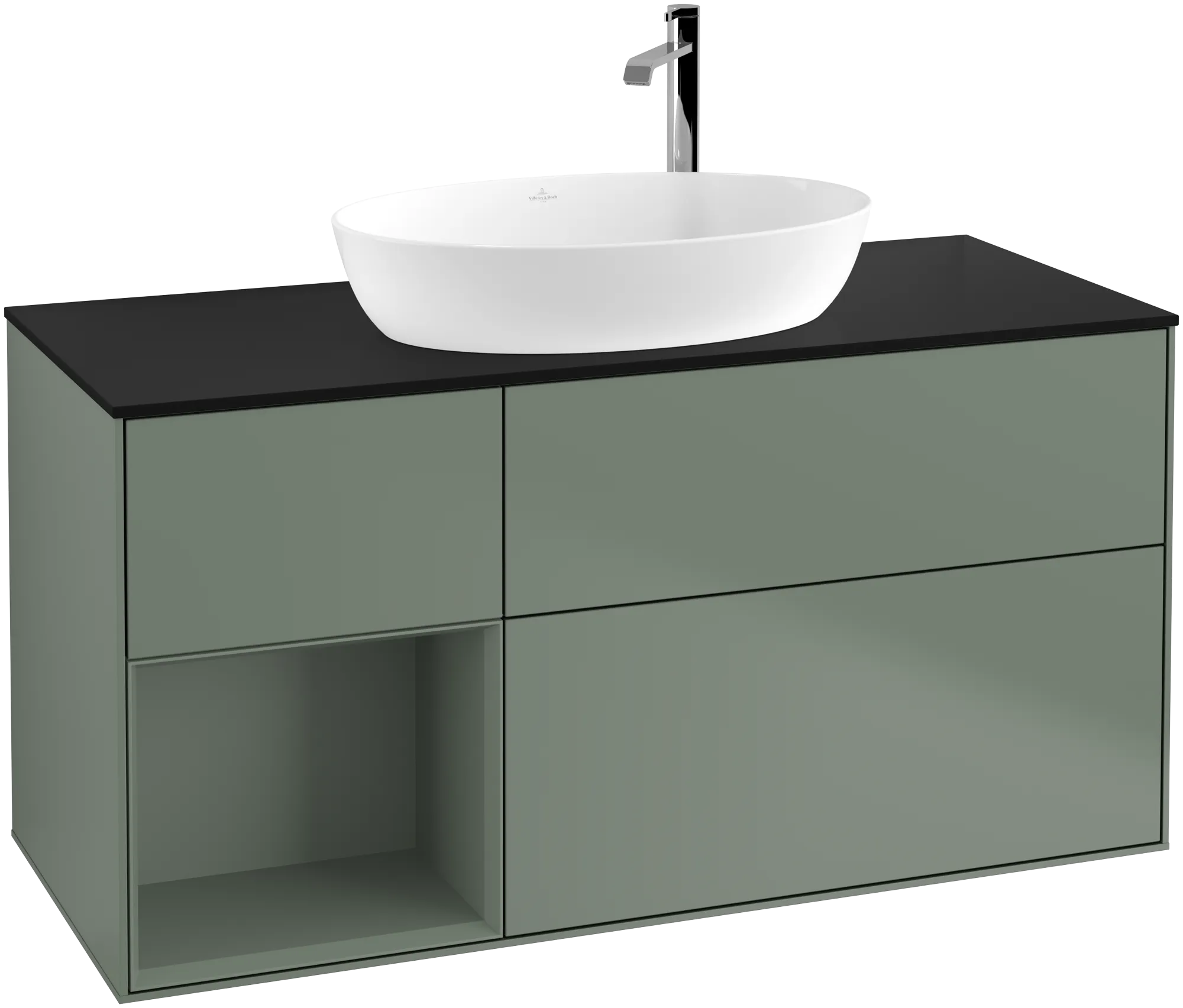 Bild von VILLEROY BOCH Finion Waschbeckenunterschrank, mit Beleuchtung, 3 Auszüge, 1200 x 603 x 501 mm, Olive Matt Lacquer / Olive Matt Lacquer / Glass Black Matt #G942GMGM