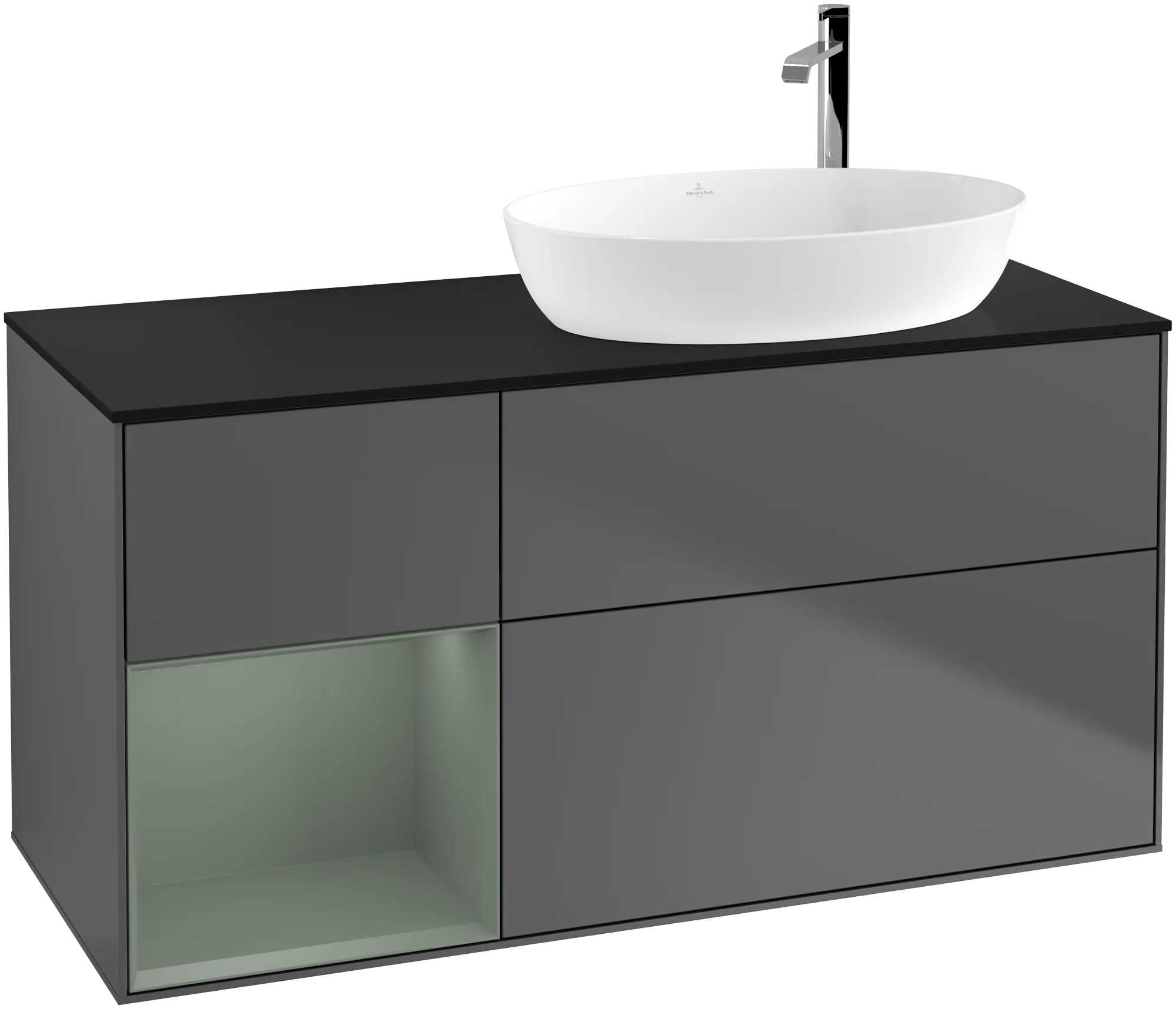 Bild von VILLEROY BOCH Finion Waschbeckenunterschrank, mit Beleuchtung, 3 Auszüge, 1200 x 603 x 501 mm, Anthracite Matt Lacquer / Olive Matt Lacquer / Glass Black Matt #G922GMGK