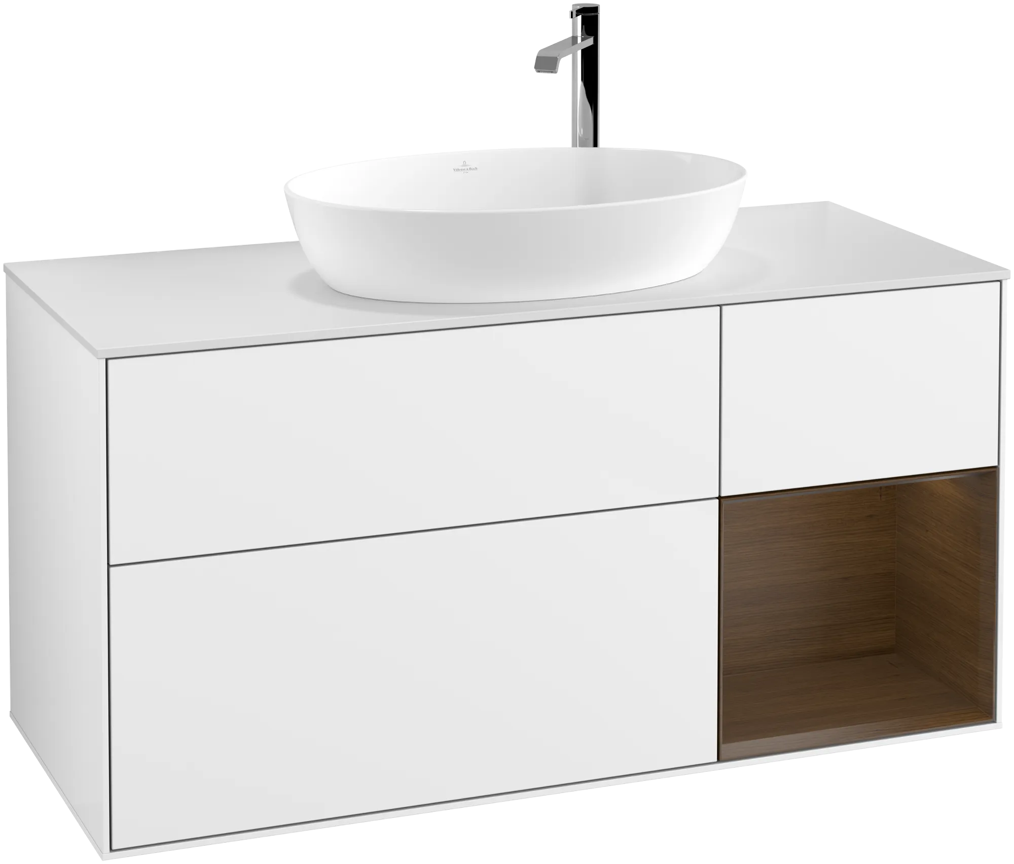 Bild von VILLEROY BOCH Finion Waschbeckenunterschrank, mit Beleuchtung, 3 Auszüge, 1200 x 603 x 501 mm, Glossy White Lacquer / Walnut Veneer / Glass White Matt #G951GNGF