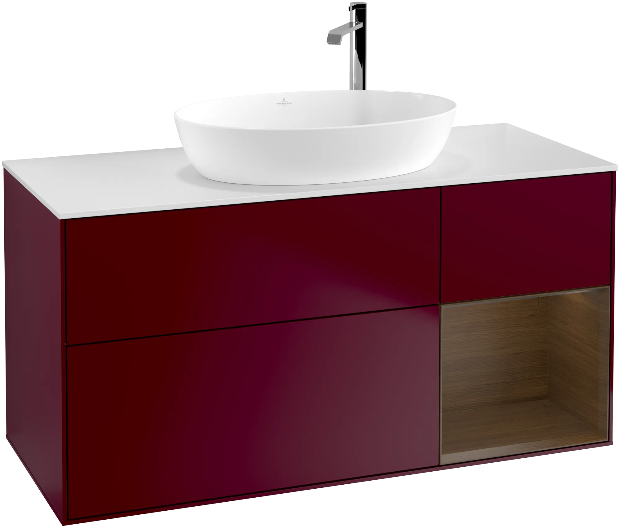 Bild von VILLEROY BOCH Finion Waschbeckenunterschrank, mit Beleuchtung, 3 Auszüge, 1200 x 603 x 501 mm, Peony Matt Lacquer / Walnut Veneer / Glass White Matt #G951GNHB
