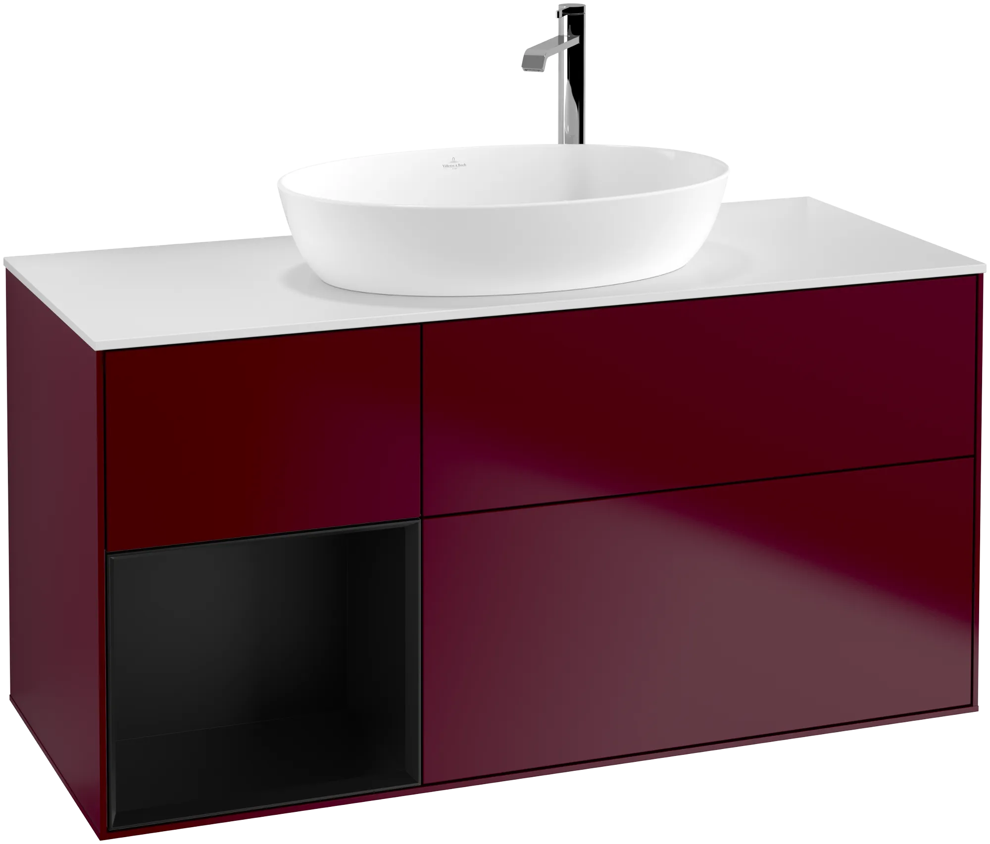 Obrázek VILLEROY BOCH Finion Vanity unit, with lighting, 3 pull-out compartments, 1200 x 603 x 501 mm, Peony Matt Lacquer / Black Matt Lacquer / Glass White Matt #G941PDHB