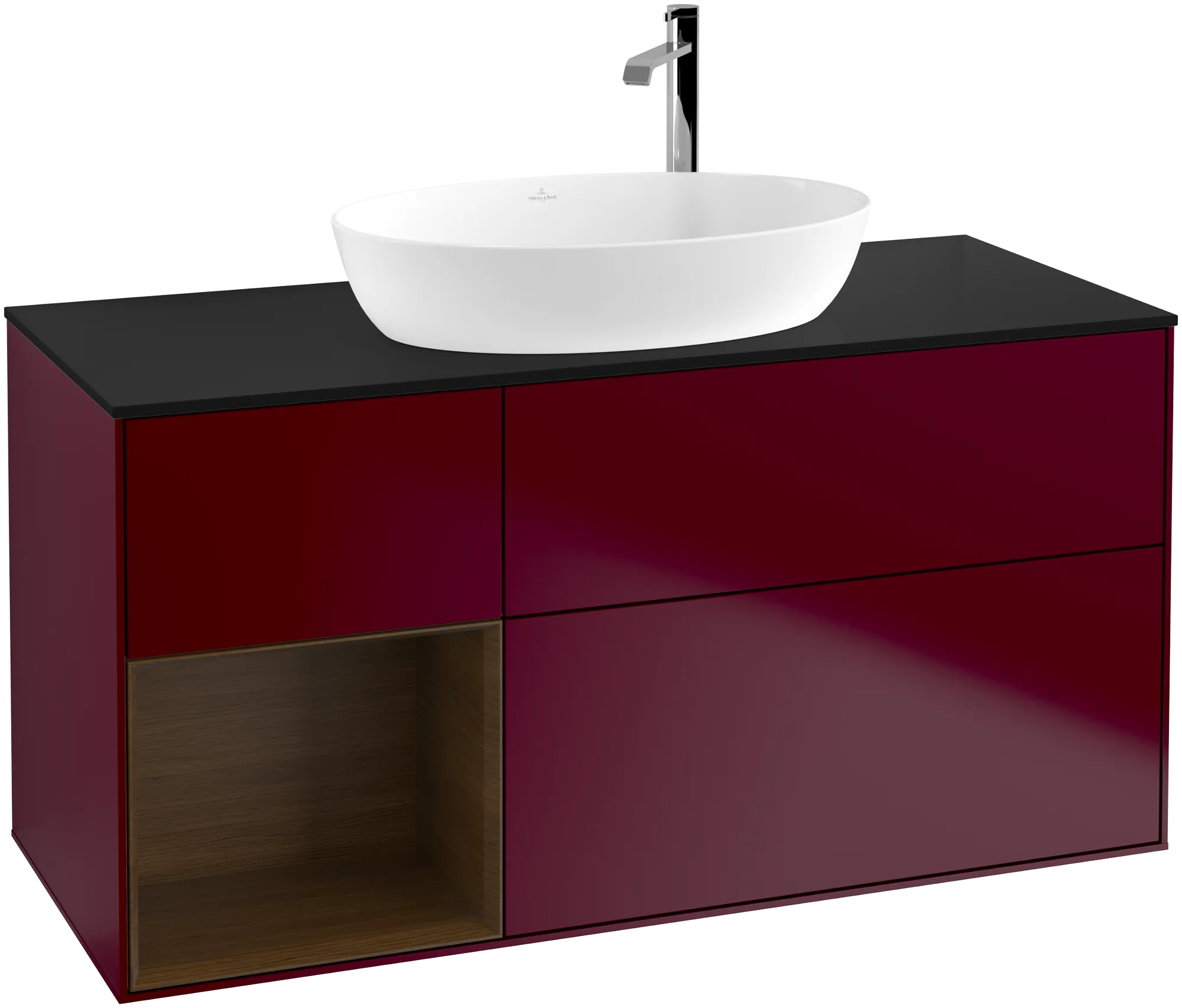 Obrázek VILLEROY BOCH Finion Vanity unit, with lighting, 3 pull-out compartments, 1200 x 603 x 501 mm, Peony Matt Lacquer / Walnut Veneer / Glass Black Matt #G942GNHB