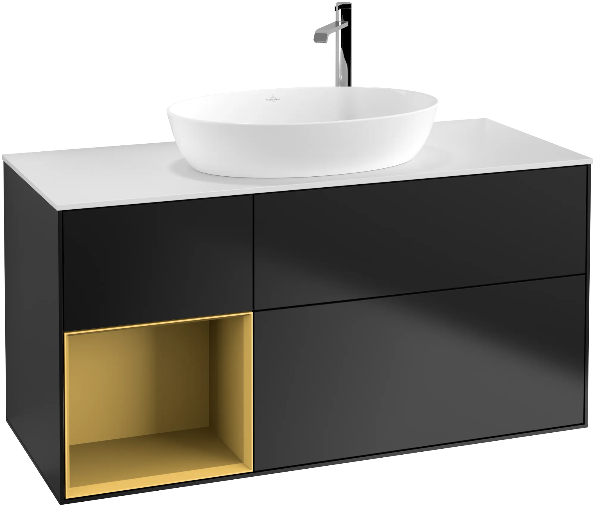 Bild von VILLEROY BOCH Finion Waschbeckenunterschrank, mit Beleuchtung, 3 Auszüge, 1200 x 603 x 501 mm, Black Matt Lacquer / Gold Matt Lacquer / Glass White Matt #G941HFPD