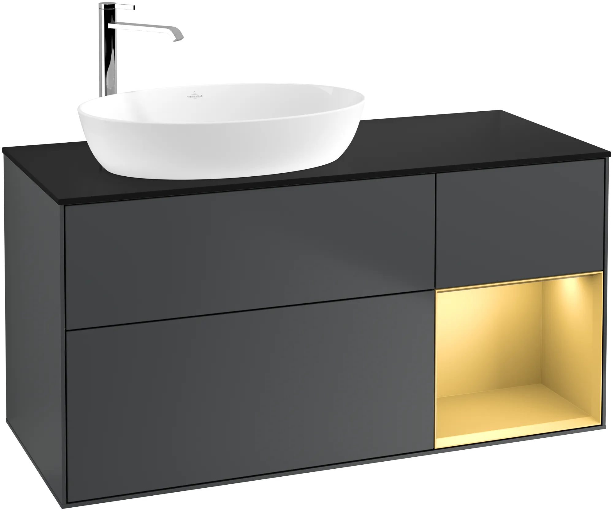 Bild von VILLEROY BOCH Finion Waschbeckenunterschrank, mit Beleuchtung, 3 Auszüge, 1200 x 603 x 501 mm, Midnight Blue Matt Lacquer / Gold Matt Lacquer / Glass Black Matt #G932HFHG