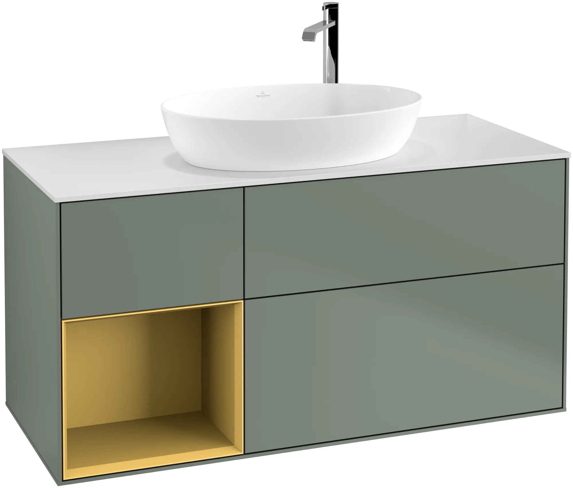 Bild von VILLEROY BOCH Finion Waschbeckenunterschrank, mit Beleuchtung, 3 Auszüge, 1200 x 603 x 501 mm, Olive Matt Lacquer / Gold Matt Lacquer / Glass White Matt #G941HFGM