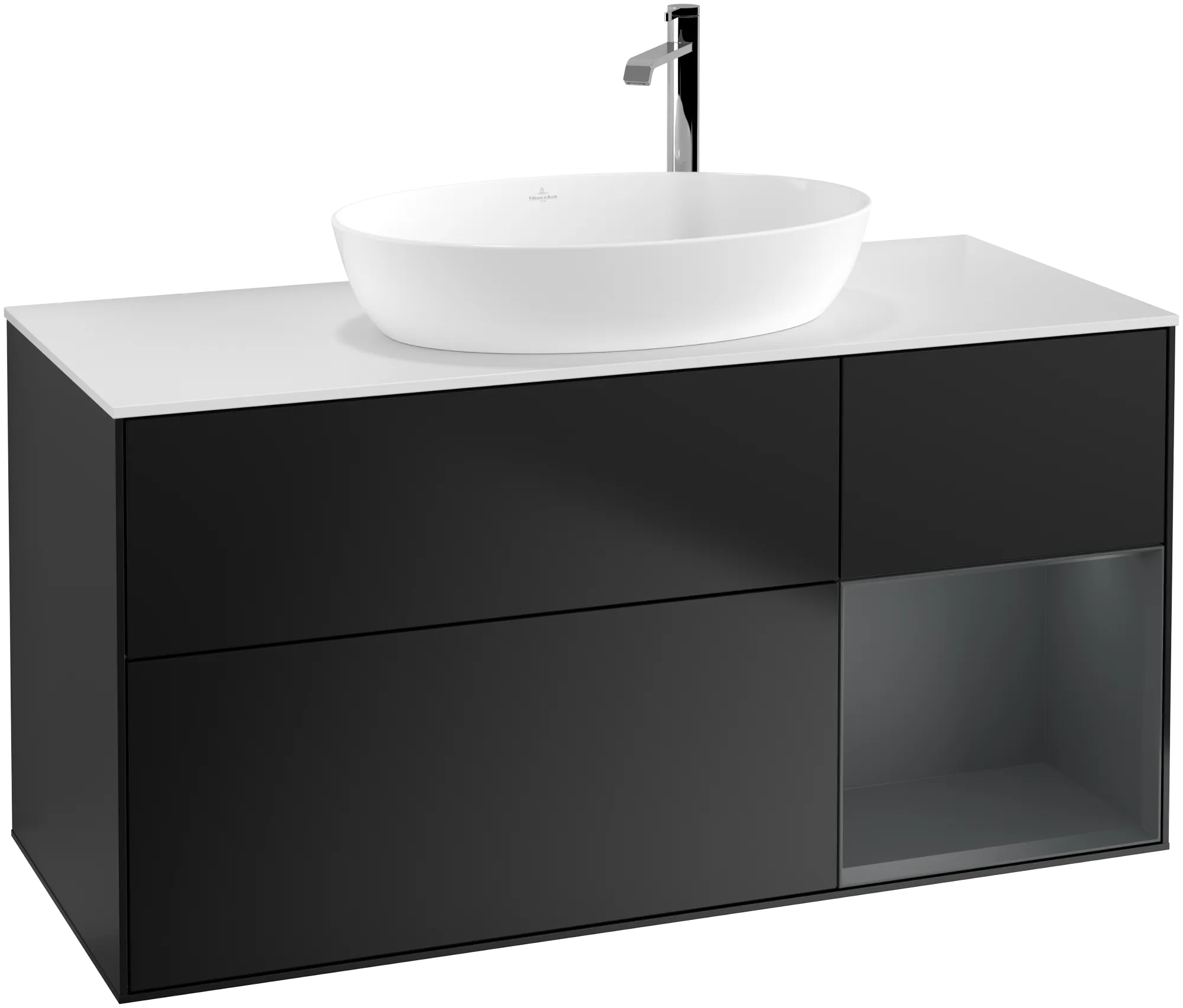 Picture of VILLEROY BOCH Finion Vanity unit, with lighting, 3 pull-out compartments, 1200 x 603 x 501 mm, Black Matt Lacquer / Midnight Blue Matt Lacquer / Glass White Matt #G951HGPD