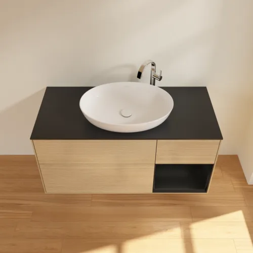 Bild von VILLEROY BOCH Finion Waschbeckenunterschrank, mit Beleuchtung, 3 Auszüge, 1200 x 603 x 501 mm, Oak Veneer / Black Matt Lacquer / Glass Black Matt #G952PDPC