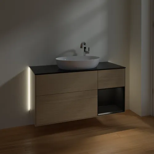 Bild von VILLEROY BOCH Finion Waschbeckenunterschrank, mit Beleuchtung, 3 Auszüge, 1200 x 603 x 501 mm, Oak Veneer / Black Matt Lacquer / Glass Black Matt #G952PDPC