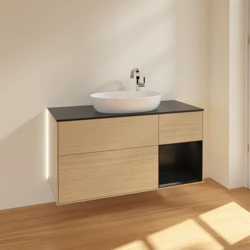 Bild von VILLEROY BOCH Finion Waschbeckenunterschrank, mit Beleuchtung, 3 Auszüge, 1200 x 603 x 501 mm, Oak Veneer / Black Matt Lacquer / Glass Black Matt #G952PDPC