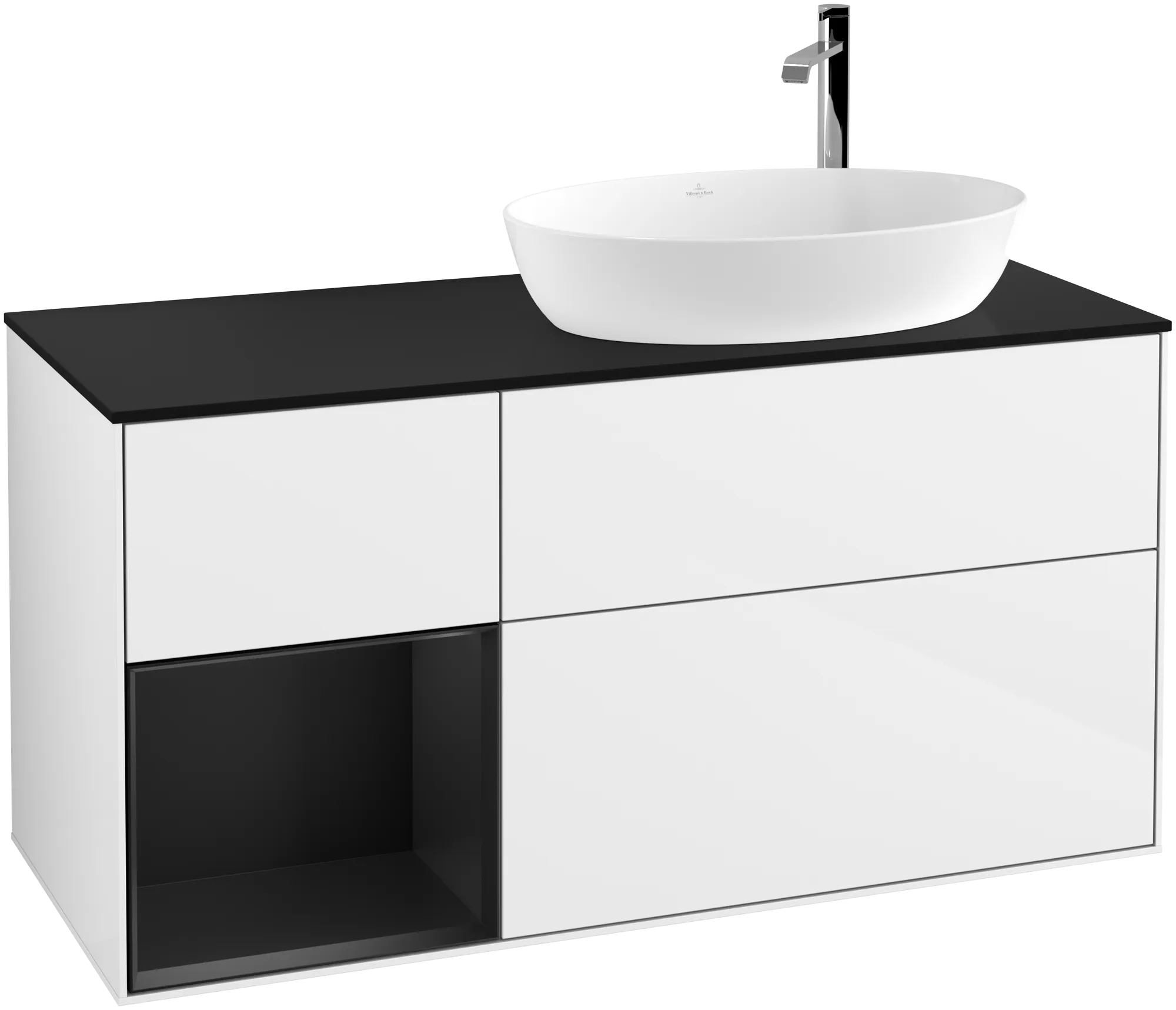 Bild von VILLEROY BOCH Finion Waschbeckenunterschrank, mit Beleuchtung, 3 Auszüge, 1200 x 603 x 501 mm, Glossy White Lacquer / Black Matt Lacquer / Glass Black Matt #G922PDGF
