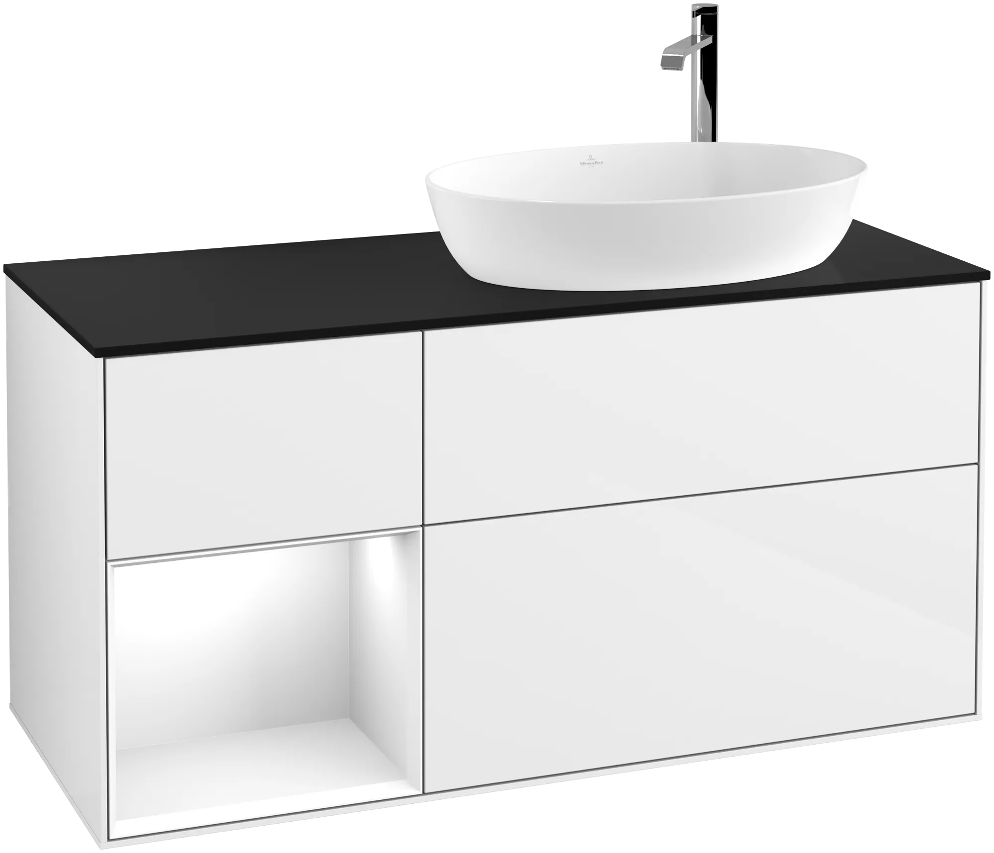 Picture of VILLEROY BOCH Finion Vanity unit, with lighting, 3 pull-out compartments, 1200 x 603 x 501 mm, Glossy White Lacquer / Glossy White Lacquer / Glass Black Matt #G922GFGF