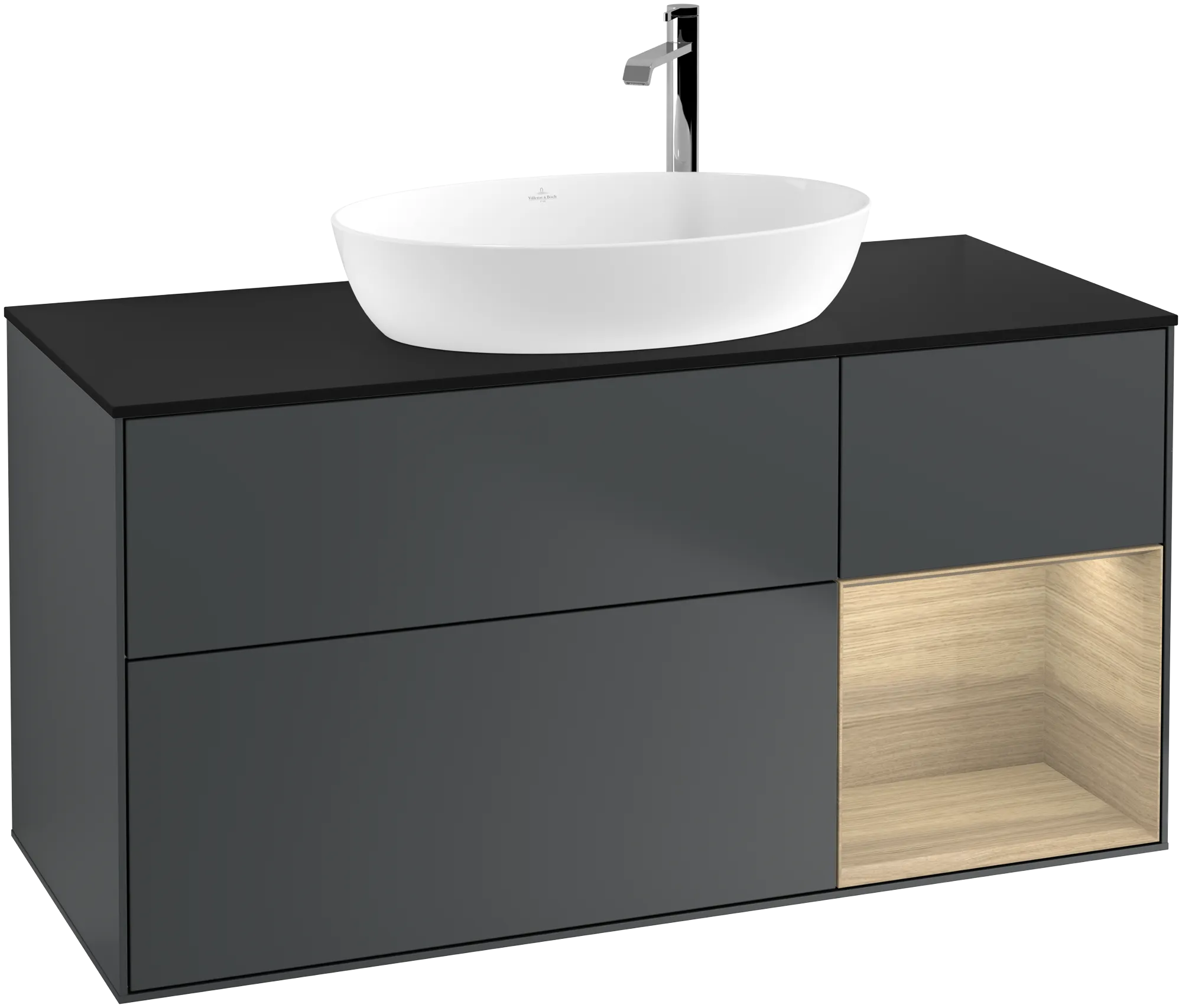 Bild von VILLEROY BOCH Finion Waschbeckenunterschrank, mit Beleuchtung, 3 Auszüge, 1200 x 603 x 501 mm, Midnight Blue Matt Lacquer / Oak Veneer / Glass Black Matt #G952PCHG
