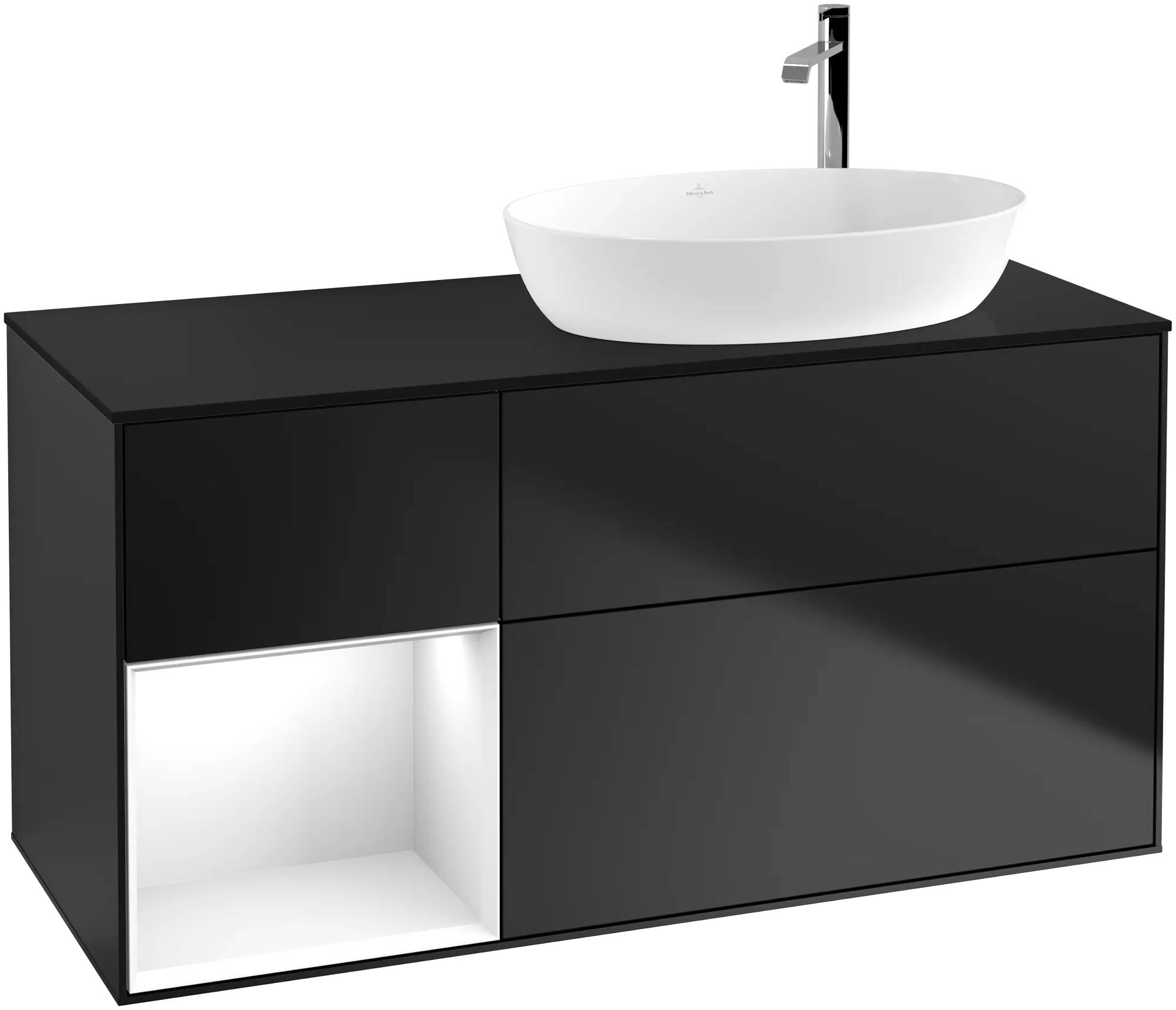 Bild von VILLEROY BOCH Finion Waschbeckenunterschrank, mit Beleuchtung, 3 Auszüge, 1200 x 603 x 501 mm, Black Matt Lacquer / Glossy White Lacquer / Glass Black Matt #G922GFPD