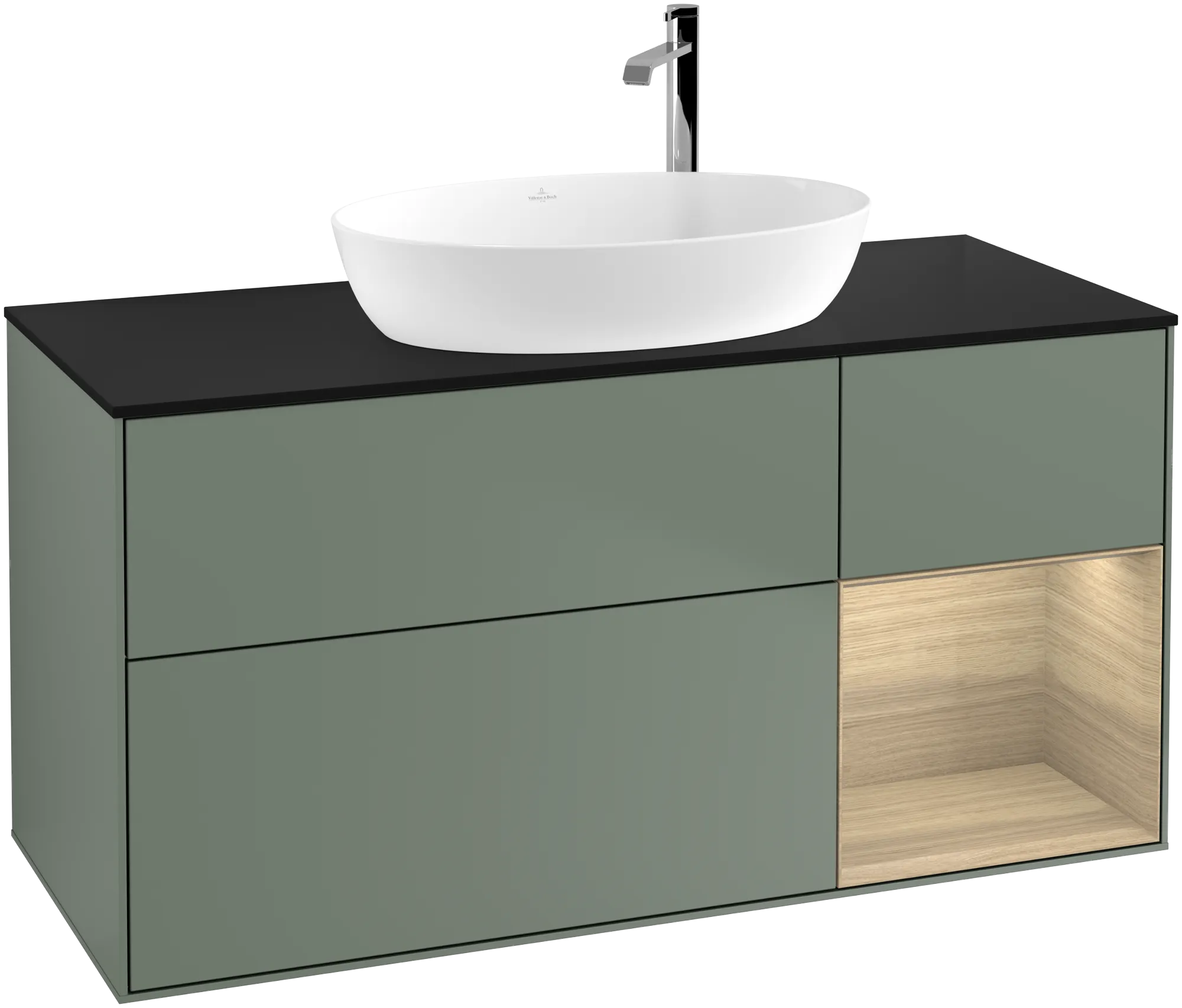 Bild von VILLEROY BOCH Finion Waschbeckenunterschrank, mit Beleuchtung, 3 Auszüge, 1200 x 603 x 501 mm, Olive Matt Lacquer / Oak Veneer / Glass Black Matt #G952PCGM