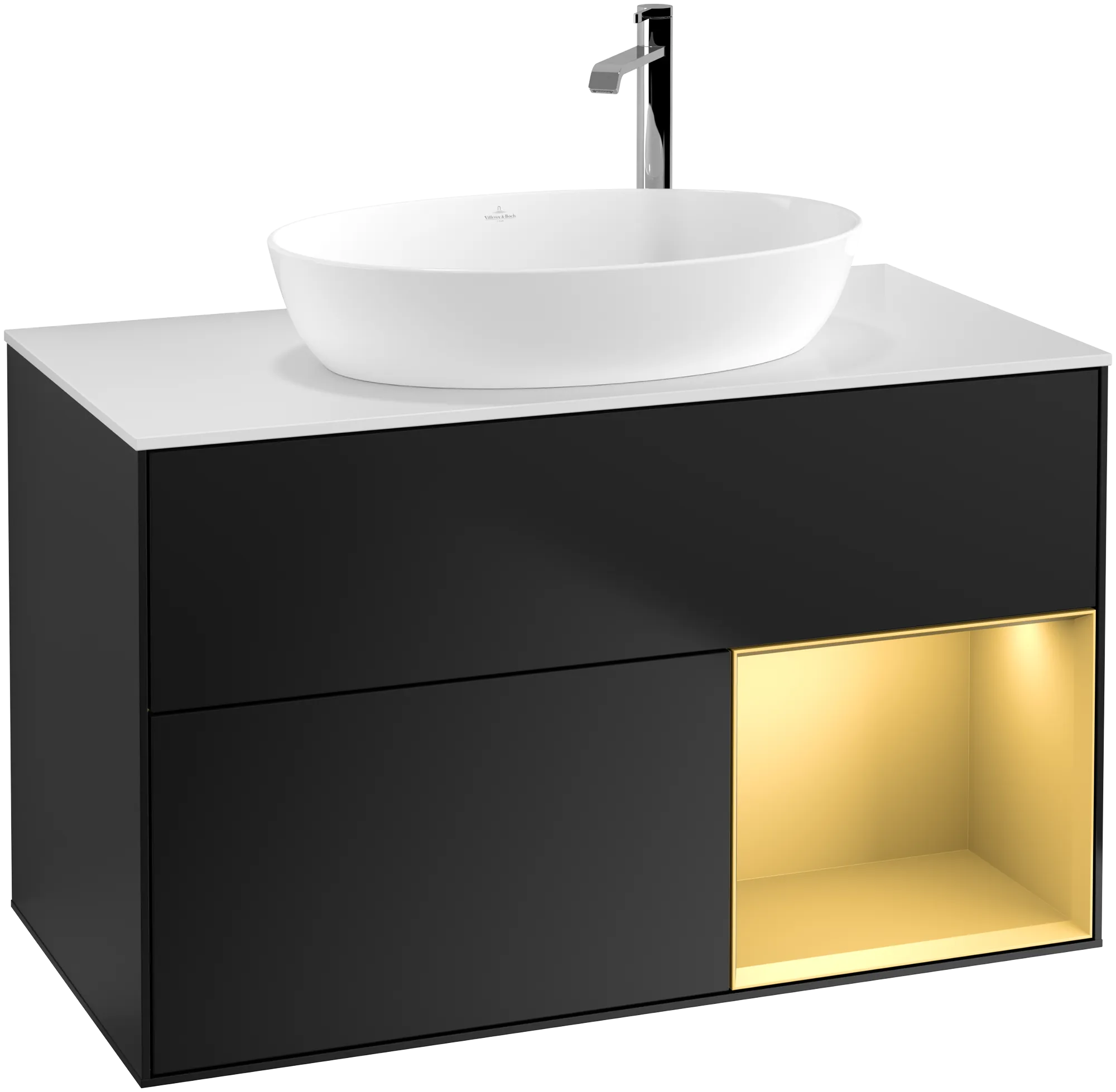 Bild von VILLEROY BOCH Finion Waschbeckenunterschrank, mit Beleuchtung, 2 Auszüge, 1000 x 603 x 501 mm, Black Matt Lacquer / Gold Matt Lacquer / Glass White Matt #G901HFPD