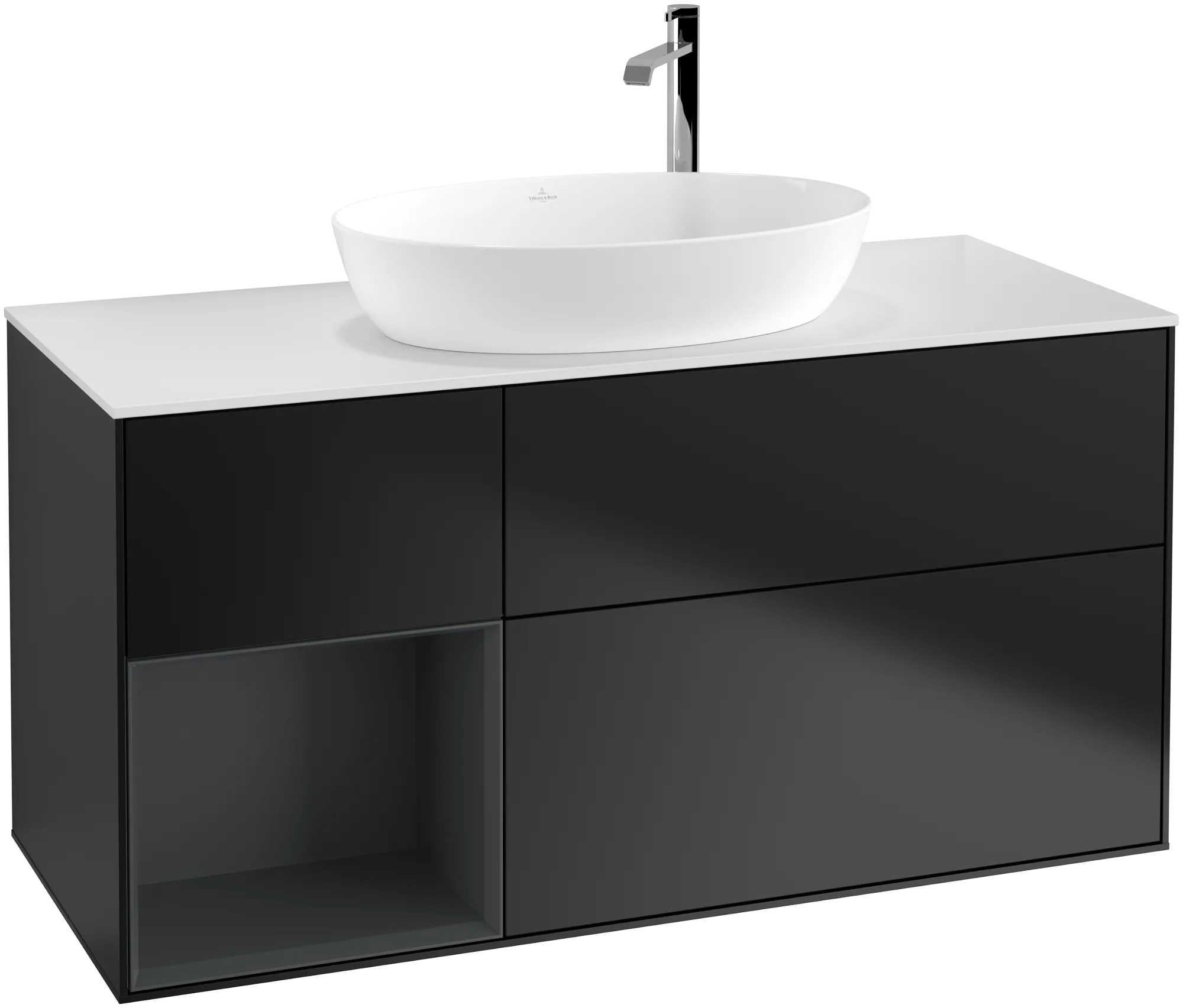 Bild von VILLEROY BOCH Finion Waschbeckenunterschrank, mit Beleuchtung, 3 Auszüge, 1200 x 603 x 501 mm, Black Matt Lacquer / Midnight Blue Matt Lacquer / Glass White Matt #G941HGPD
