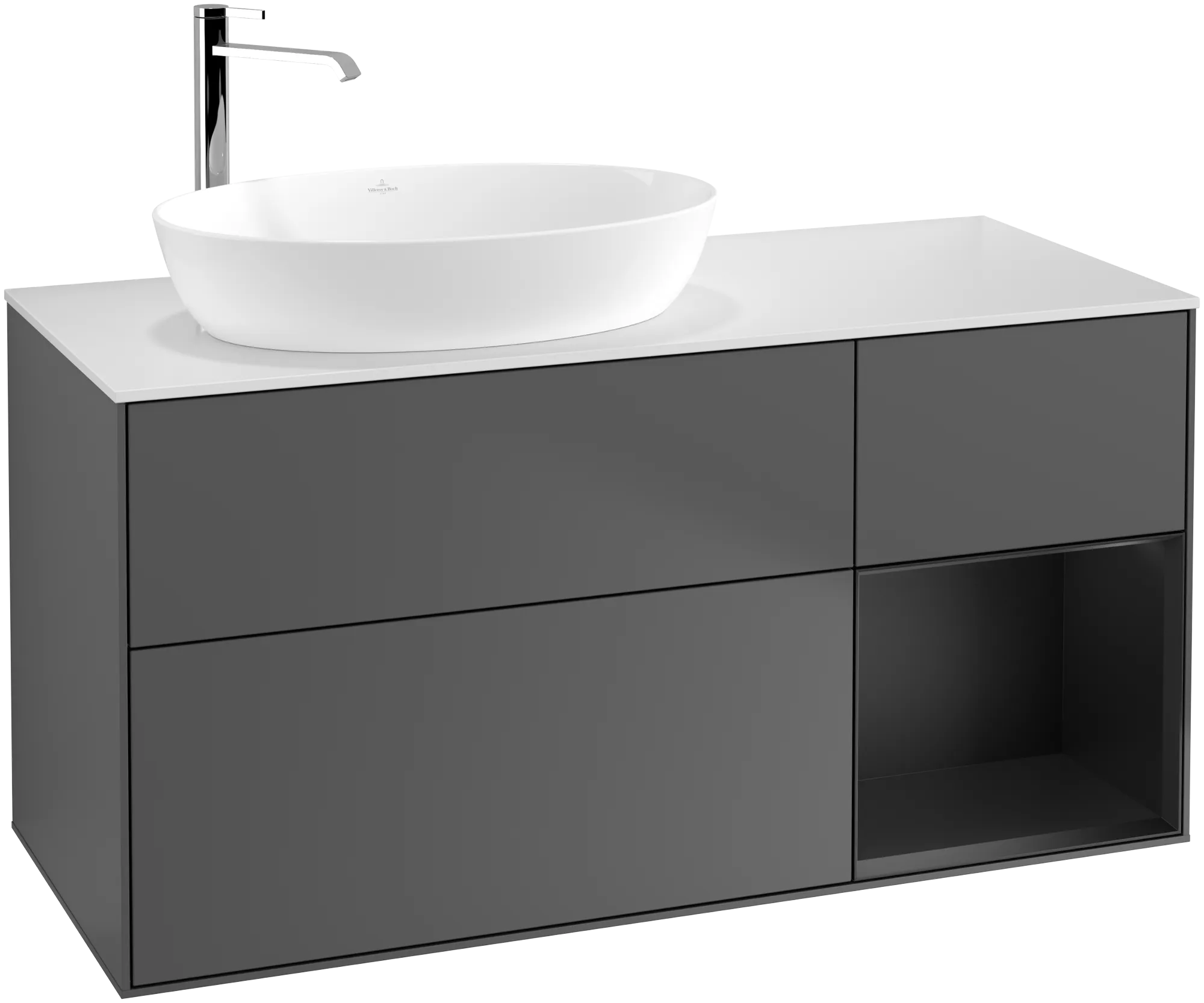 Bild von VILLEROY BOCH Finion Waschbeckenunterschrank, mit Beleuchtung, 3 Auszüge, 1200 x 603 x 501 mm, Anthracite Matt Lacquer / Black Matt Lacquer / Glass White Matt #G931PDGK