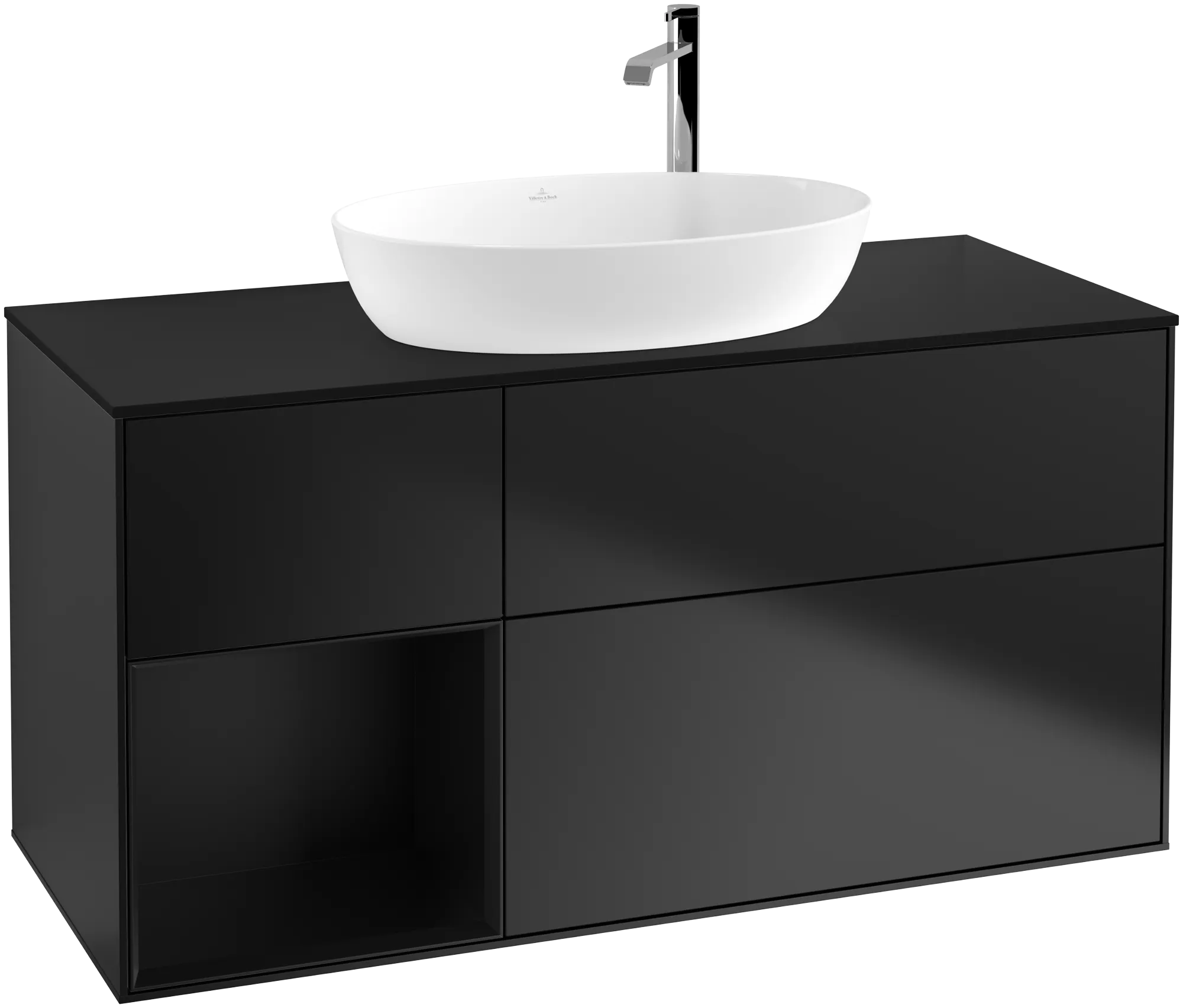Bild von VILLEROY BOCH Finion Waschbeckenunterschrank, mit Beleuchtung, 3 Auszüge, 1200 x 603 x 501 mm, Black Matt Lacquer / Black Matt Lacquer / Glass Black Matt #G942PDPD