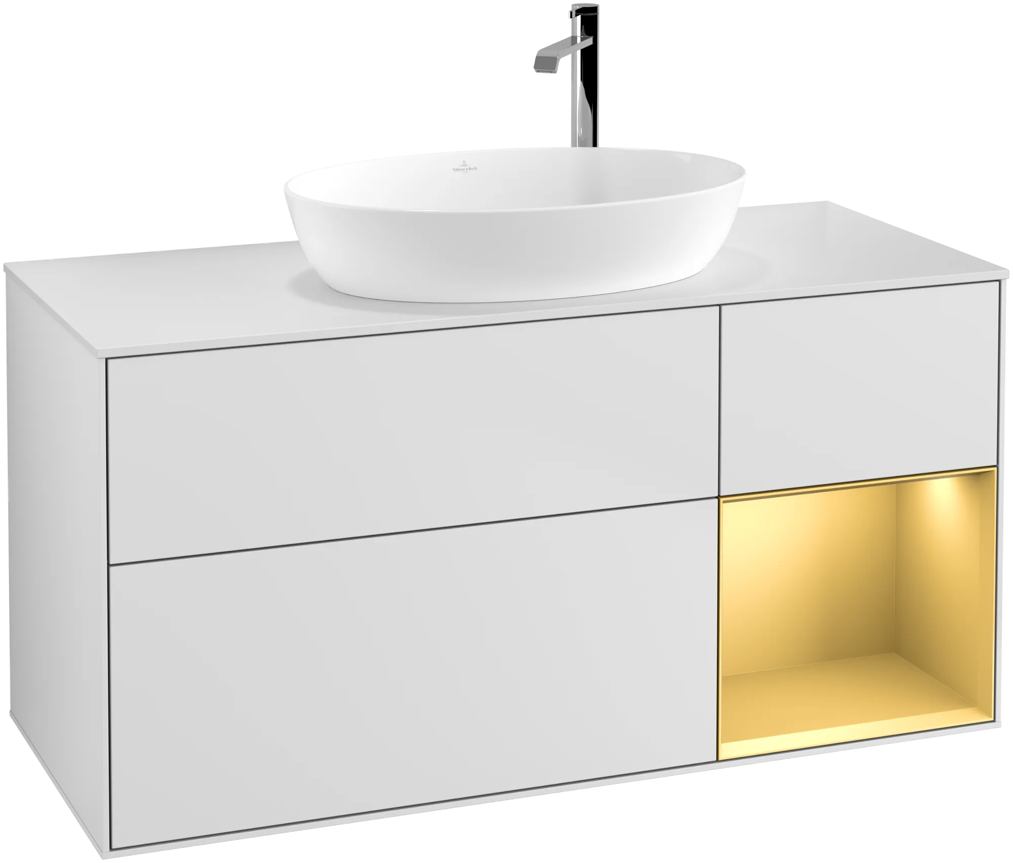 Bild von VILLEROY BOCH Finion Waschbeckenunterschrank, mit Beleuchtung, 3 Auszüge, 1200 x 603 x 501 mm, White Matt Lacquer / Gold Matt Lacquer / Glass White Matt #G951HFMT