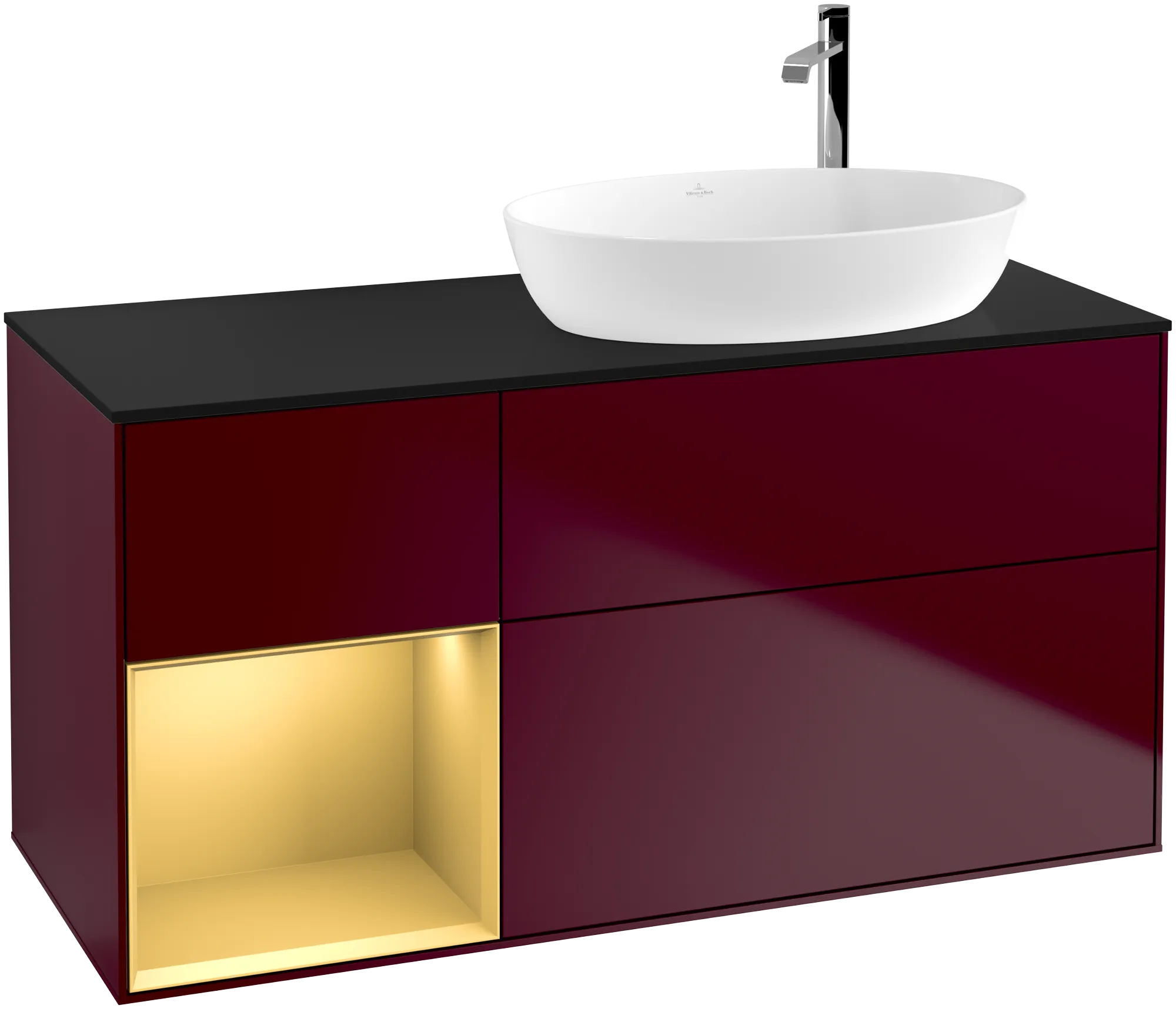 Bild von VILLEROY BOCH Finion Waschbeckenunterschrank, mit Beleuchtung, 3 Auszüge, 1200 x 603 x 501 mm, Peony Matt Lacquer / Gold Matt Lacquer / Glass Black Matt #G922HFHB