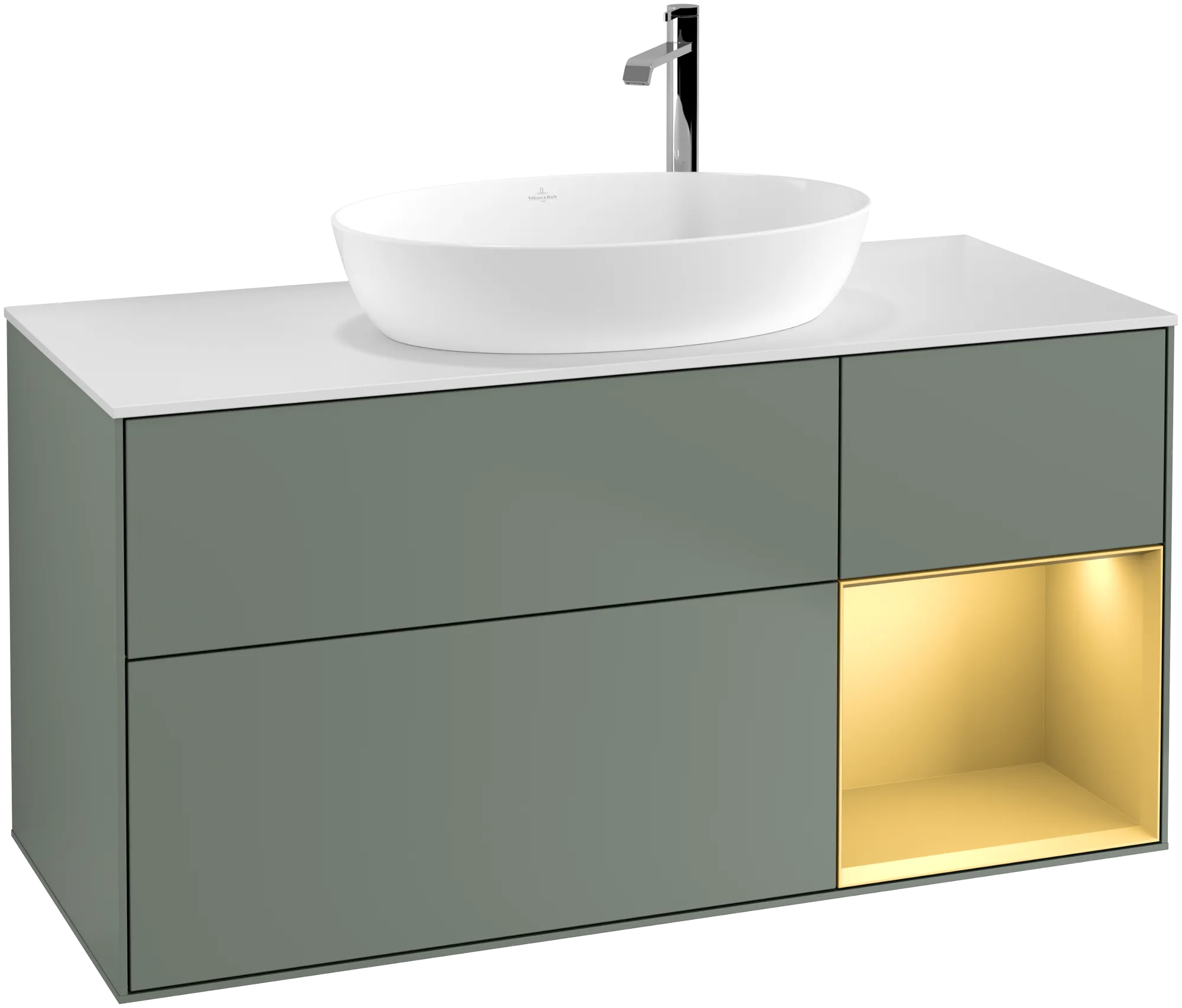Bild von VILLEROY BOCH Finion Waschbeckenunterschrank, mit Beleuchtung, 3 Auszüge, 1200 x 603 x 501 mm, Olive Matt Lacquer / Gold Matt Lacquer / Glass White Matt #G951HFGM