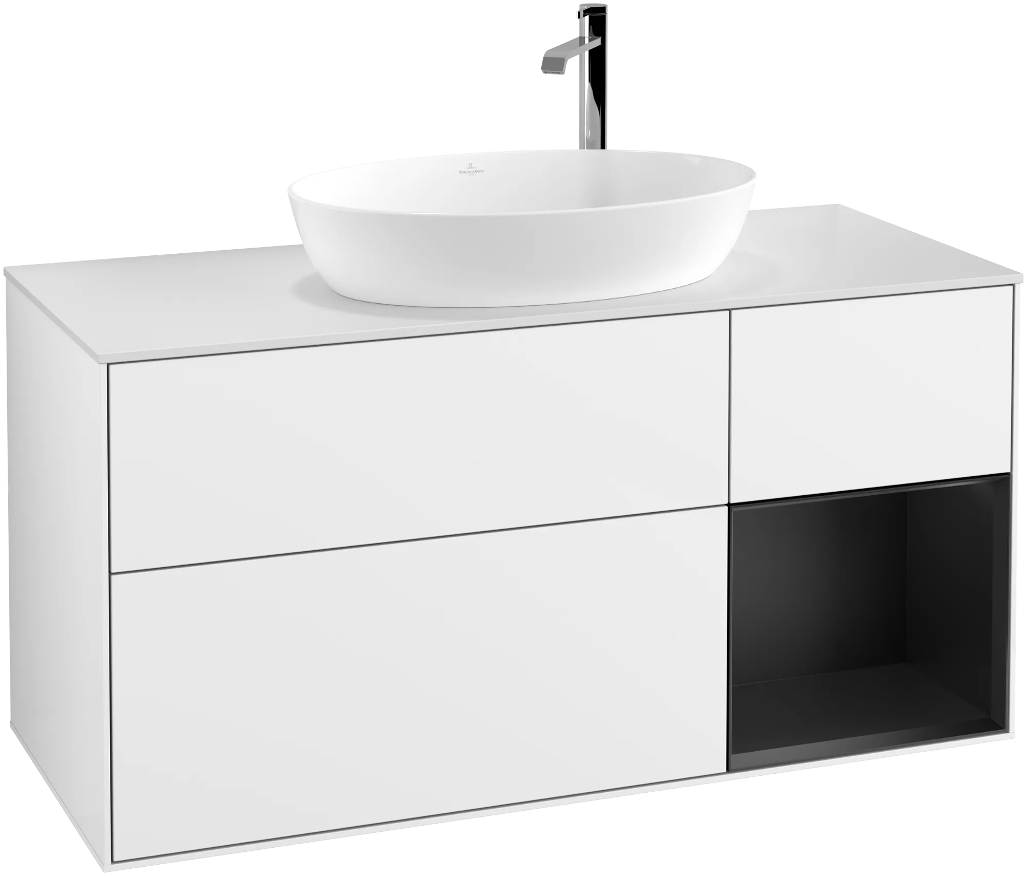 Bild von VILLEROY BOCH Finion Waschbeckenunterschrank, mit Beleuchtung, 3 Auszüge, 1200 x 603 x 501 mm, Glossy White Lacquer / Black Matt Lacquer / Glass White Matt #G951PDGF