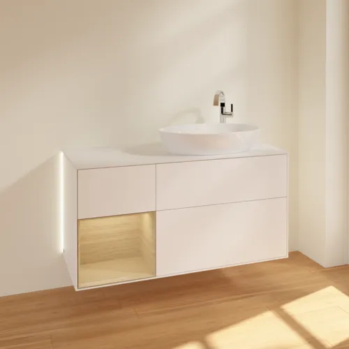 Bild von VILLEROY BOCH Finion Waschbeckenunterschrank, mit Beleuchtung, 3 Auszüge, 1200 x 603 x 501 mm, White Matt Lacquer / Oak Veneer / Glass White Matt #G921PCMT