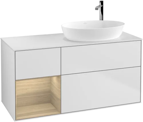 Bild von VILLEROY BOCH Finion Waschbeckenunterschrank, mit Beleuchtung, 3 Auszüge, 1200 x 603 x 501 mm, White Matt Lacquer / Oak Veneer / Glass White Matt #G921PCMT