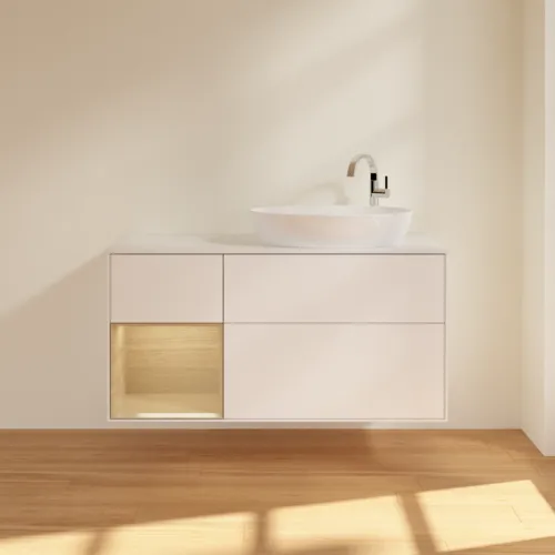 Bild von VILLEROY BOCH Finion Waschbeckenunterschrank, mit Beleuchtung, 3 Auszüge, 1200 x 603 x 501 mm, White Matt Lacquer / Oak Veneer / Glass White Matt #G921PCMT