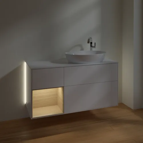 Bild von VILLEROY BOCH Finion Waschbeckenunterschrank, mit Beleuchtung, 3 Auszüge, 1200 x 603 x 501 mm, White Matt Lacquer / Oak Veneer / Glass White Matt #G921PCMT