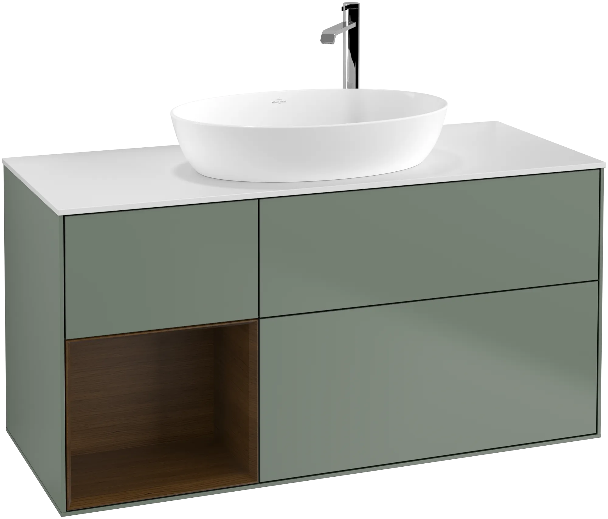 Bild von VILLEROY BOCH Finion Waschbeckenunterschrank, mit Beleuchtung, 3 Auszüge, 1200 x 603 x 501 mm, Olive Matt Lacquer / Walnut Veneer / Glass White Matt #G941GNGM