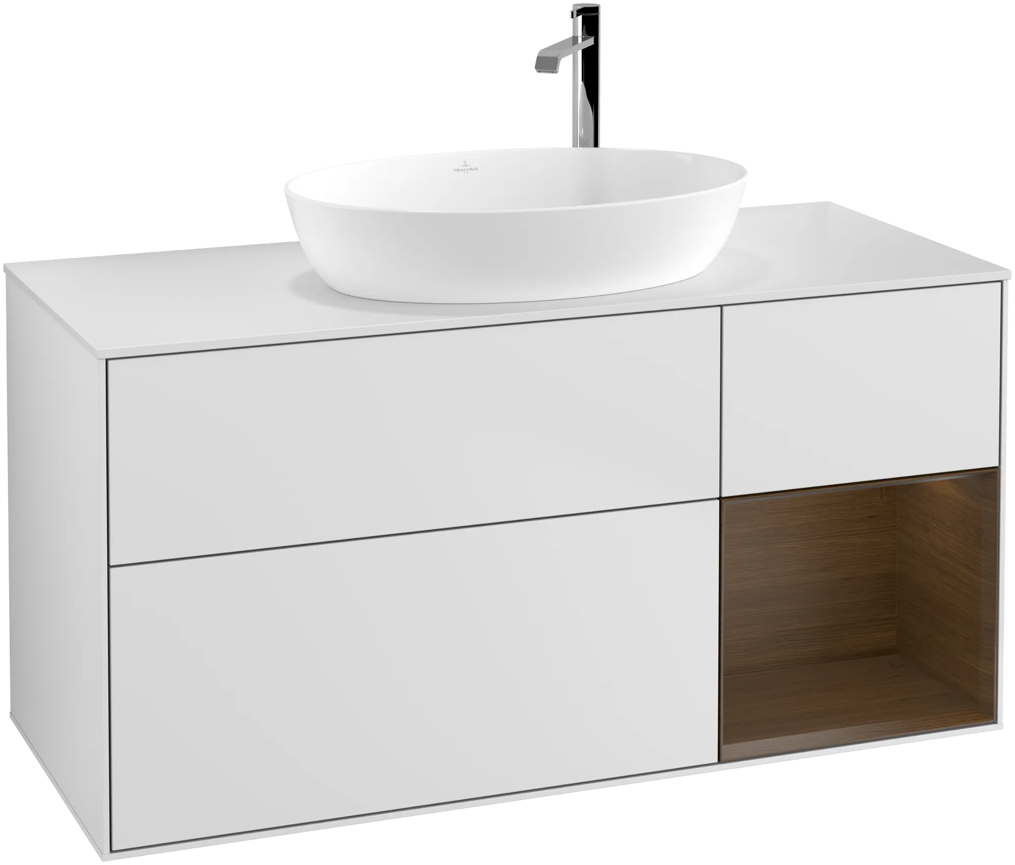 Bild von VILLEROY BOCH Finion Waschbeckenunterschrank, mit Beleuchtung, 3 Auszüge, 1200 x 603 x 501 mm, White Matt Lacquer / Walnut Veneer / Glass White Matt #G951GNMT