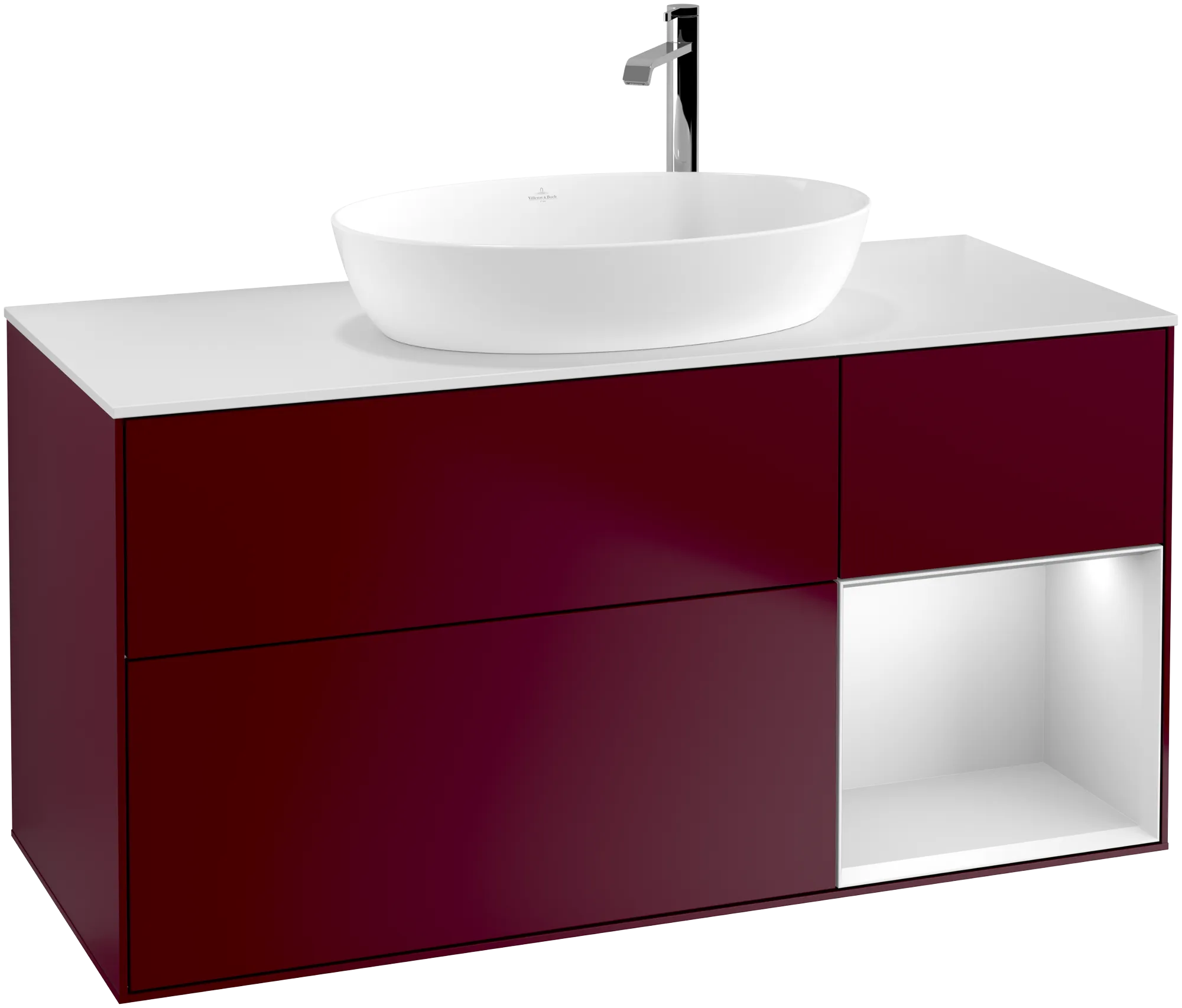 Bild von VILLEROY BOCH Finion Waschbeckenunterschrank, mit Beleuchtung, 3 Auszüge, 1200 x 603 x 501 mm, Peony Matt Lacquer / White Matt Lacquer / Glass White Matt #G951MTHB