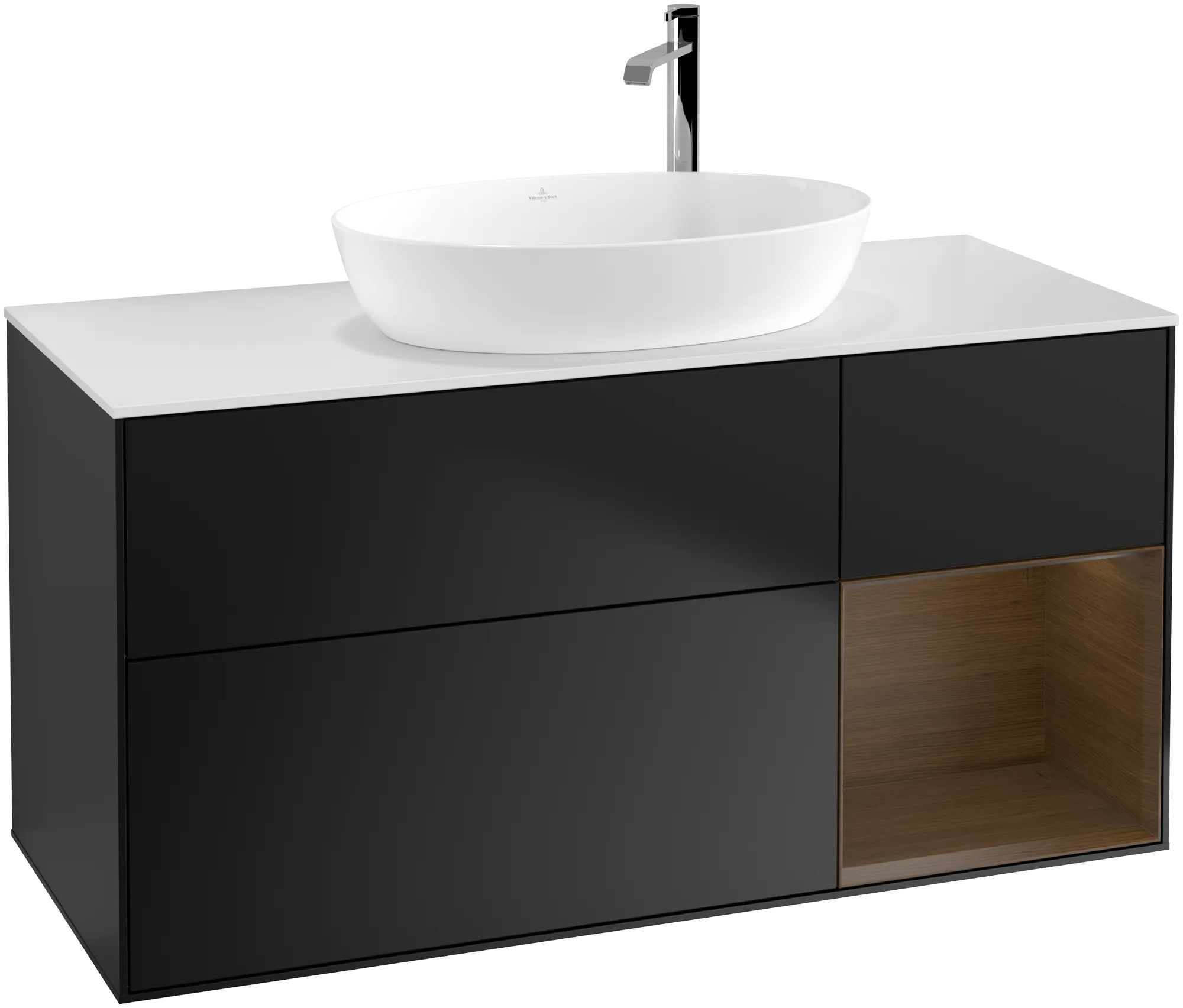 Bild von VILLEROY BOCH Finion Waschbeckenunterschrank, mit Beleuchtung, 3 Auszüge, 1200 x 603 x 501 mm, Black Matt Lacquer / Walnut Veneer / Glass White Matt #G951GNPD