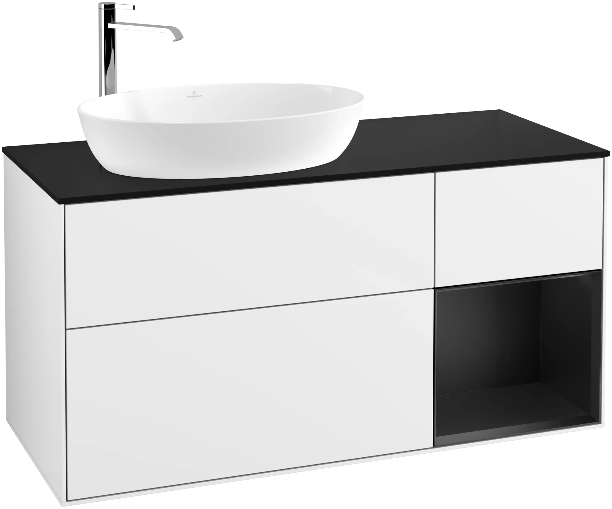 Bild von VILLEROY BOCH Finion Waschbeckenunterschrank, mit Beleuchtung, 3 Auszüge, 1200 x 603 x 501 mm, Glossy White Lacquer / Black Matt Lacquer / Glass Black Matt #G932PDGF