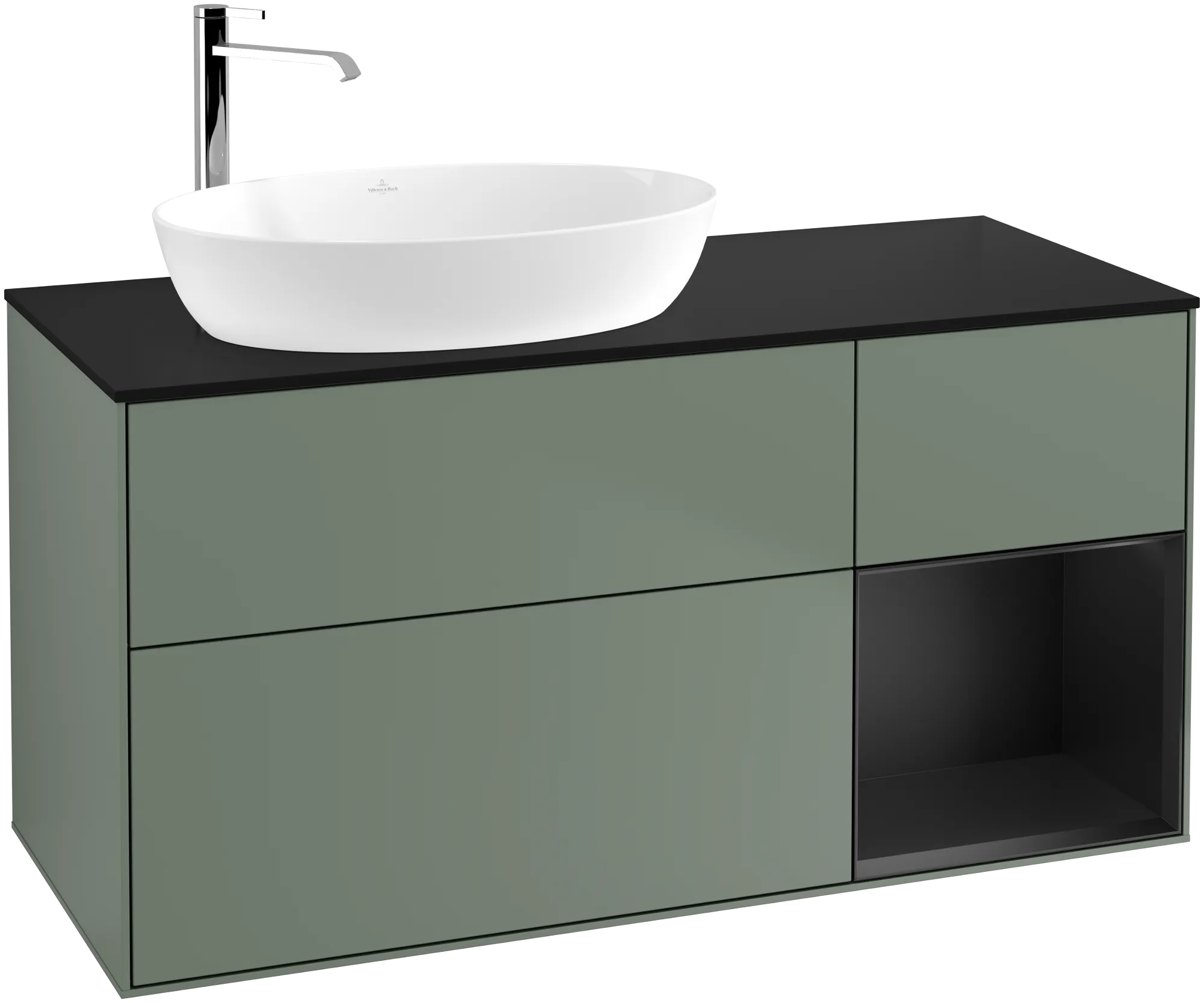 Bild von VILLEROY BOCH Finion Waschbeckenunterschrank, mit Beleuchtung, 3 Auszüge, 1200 x 603 x 501 mm, Olive Matt Lacquer / Black Matt Lacquer / Glass Black Matt #G932PDGM