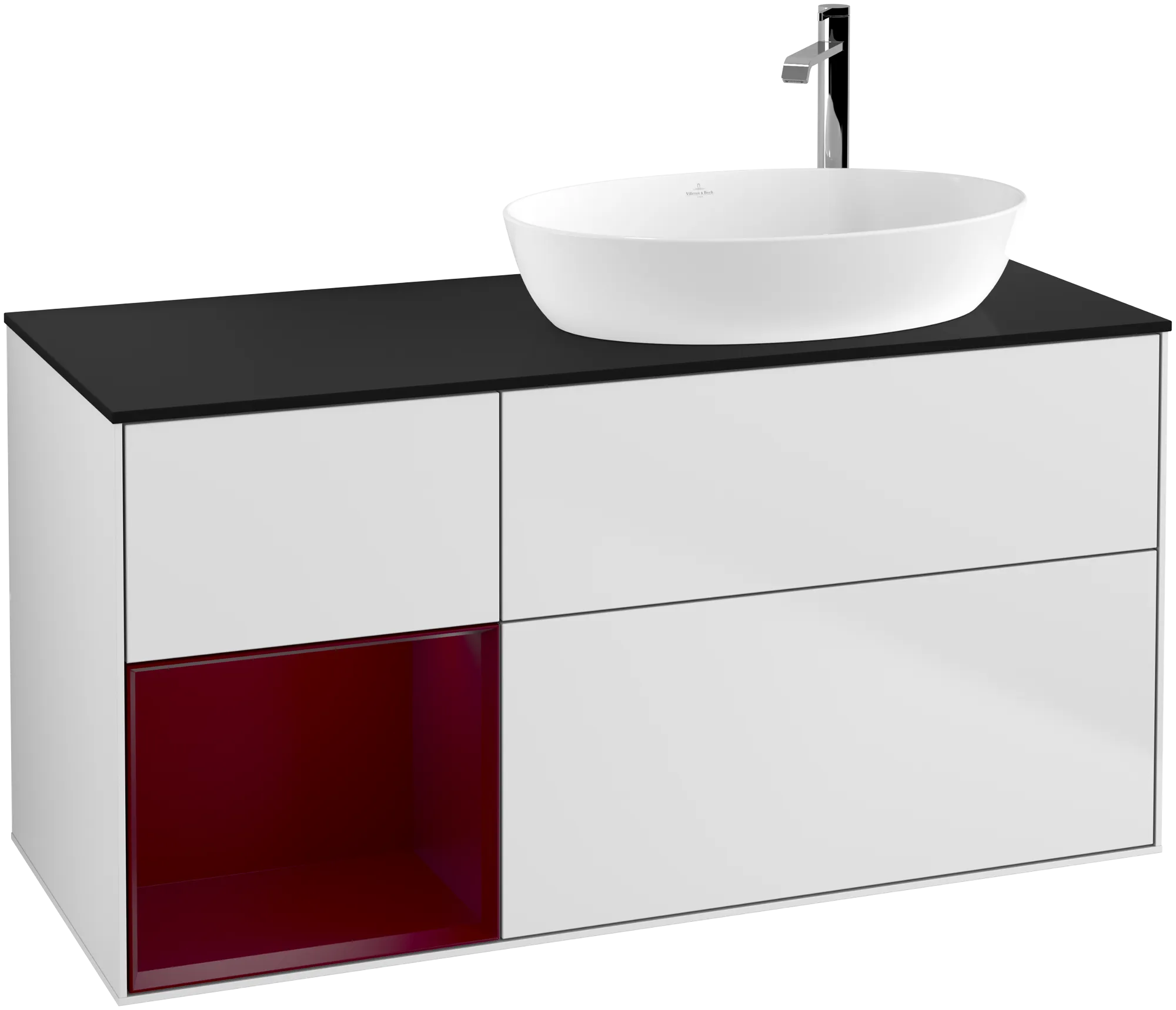Bild von VILLEROY BOCH Finion Waschbeckenunterschrank, mit Beleuchtung, 3 Auszüge, 1200 x 603 x 501 mm, White Matt Lacquer / Peony Matt Lacquer / Glass Black Matt #G922HBMT