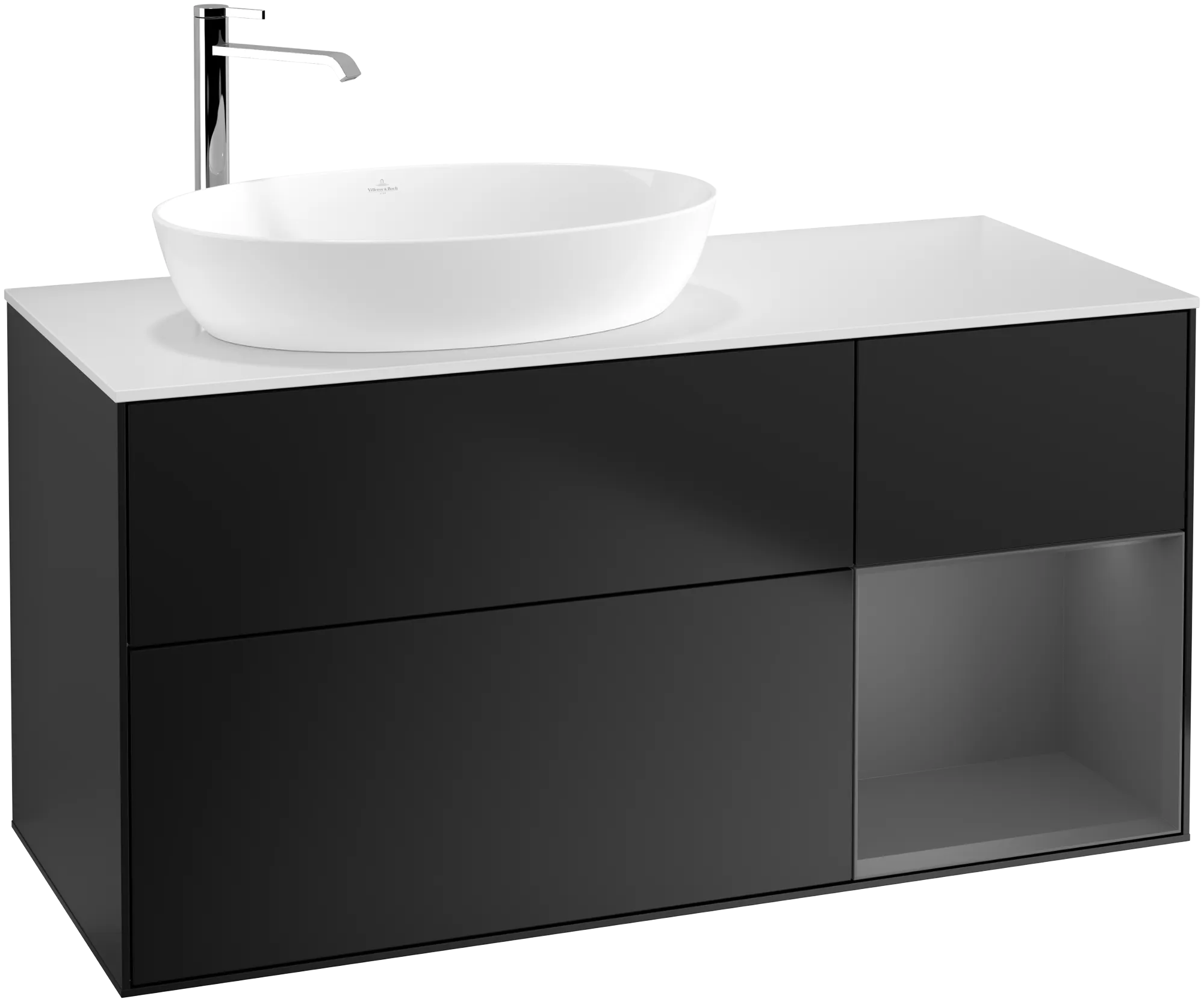 Bild von VILLEROY BOCH Finion Waschbeckenunterschrank, mit Beleuchtung, 3 Auszüge, 1200 x 603 x 501 mm, Black Matt Lacquer / Anthracite Matt Lacquer / Glass White Matt #G931GKPD